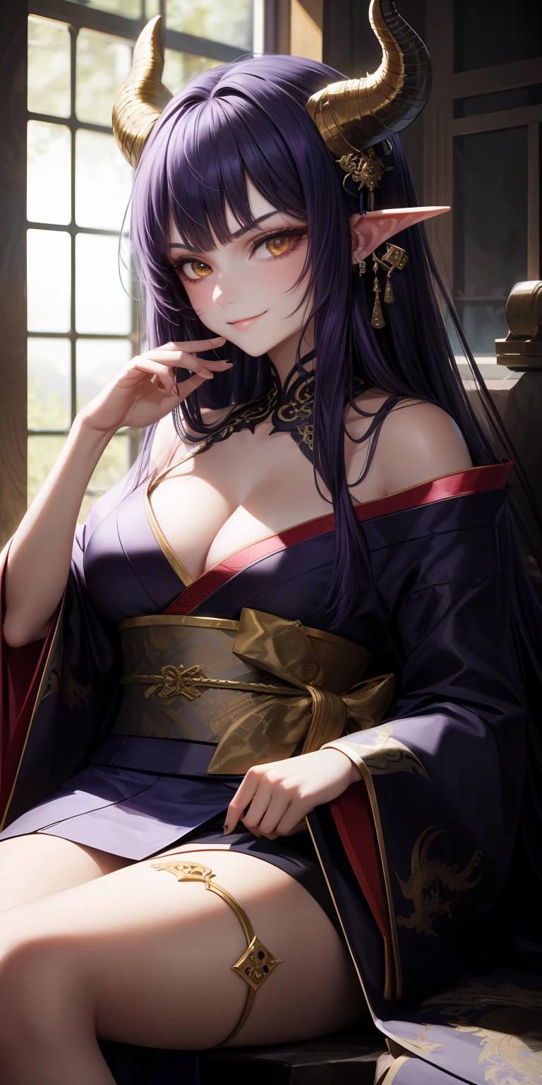 (masterpiece, best quality), intricate details, 1girl, purple hair, long hair, bright hair, golden eyes, very long bangs, black and white kimono, pointed ears, dragon horns, evil smirk