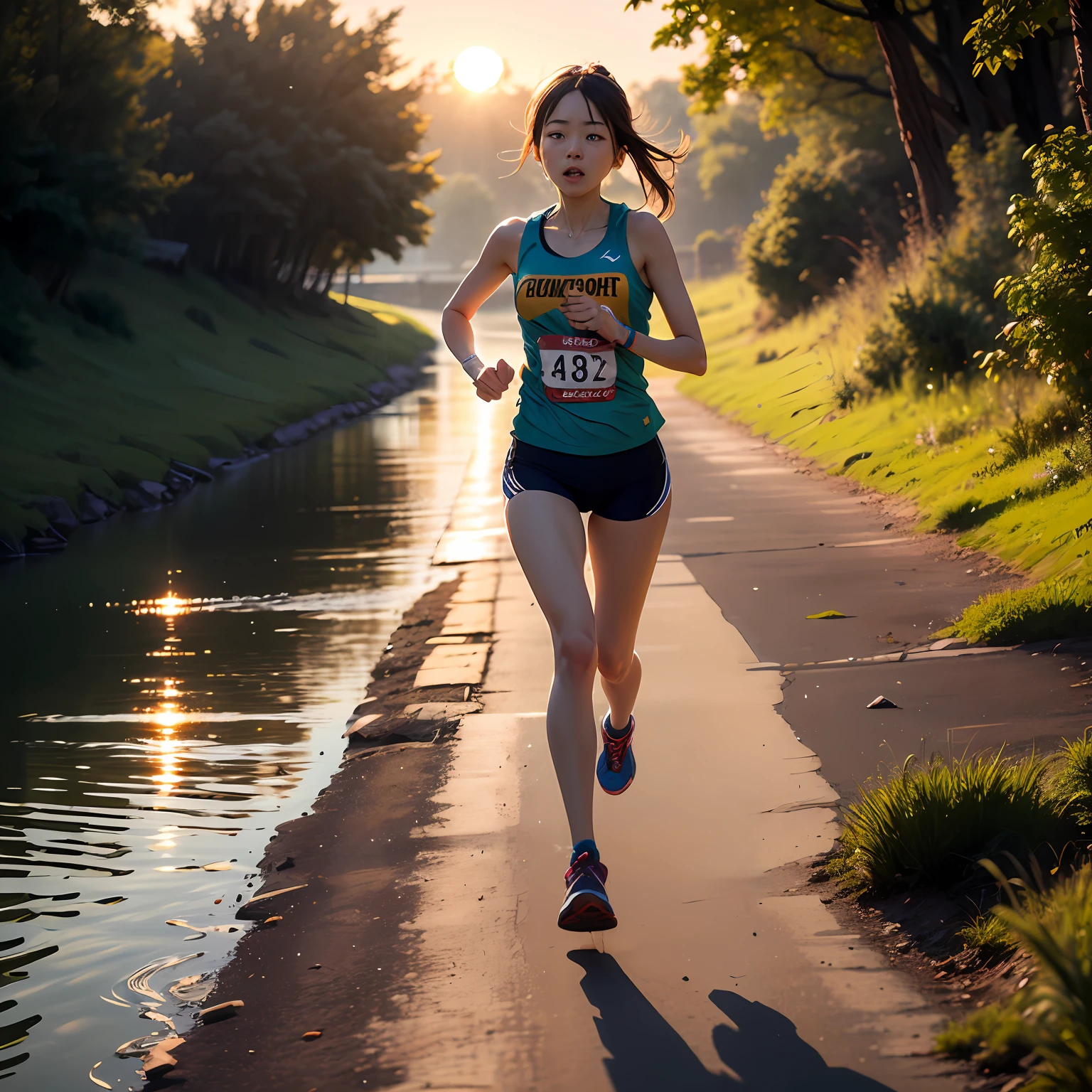 The setting sun shines on the riverbank，There was a girl running， --auto