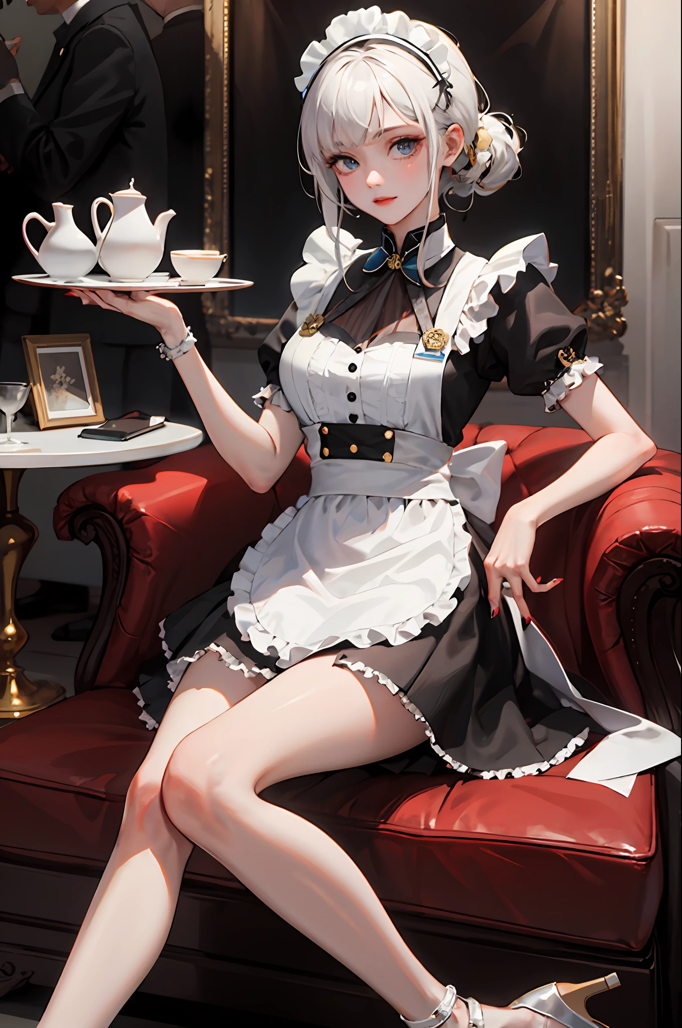 (The Masterpiece:1.2, need), (real shot, intricately sculpted), 独奏, 1lady,whitehair,long way hair,Maid outfit,short skirts,High-heeled sandals,Manicure
