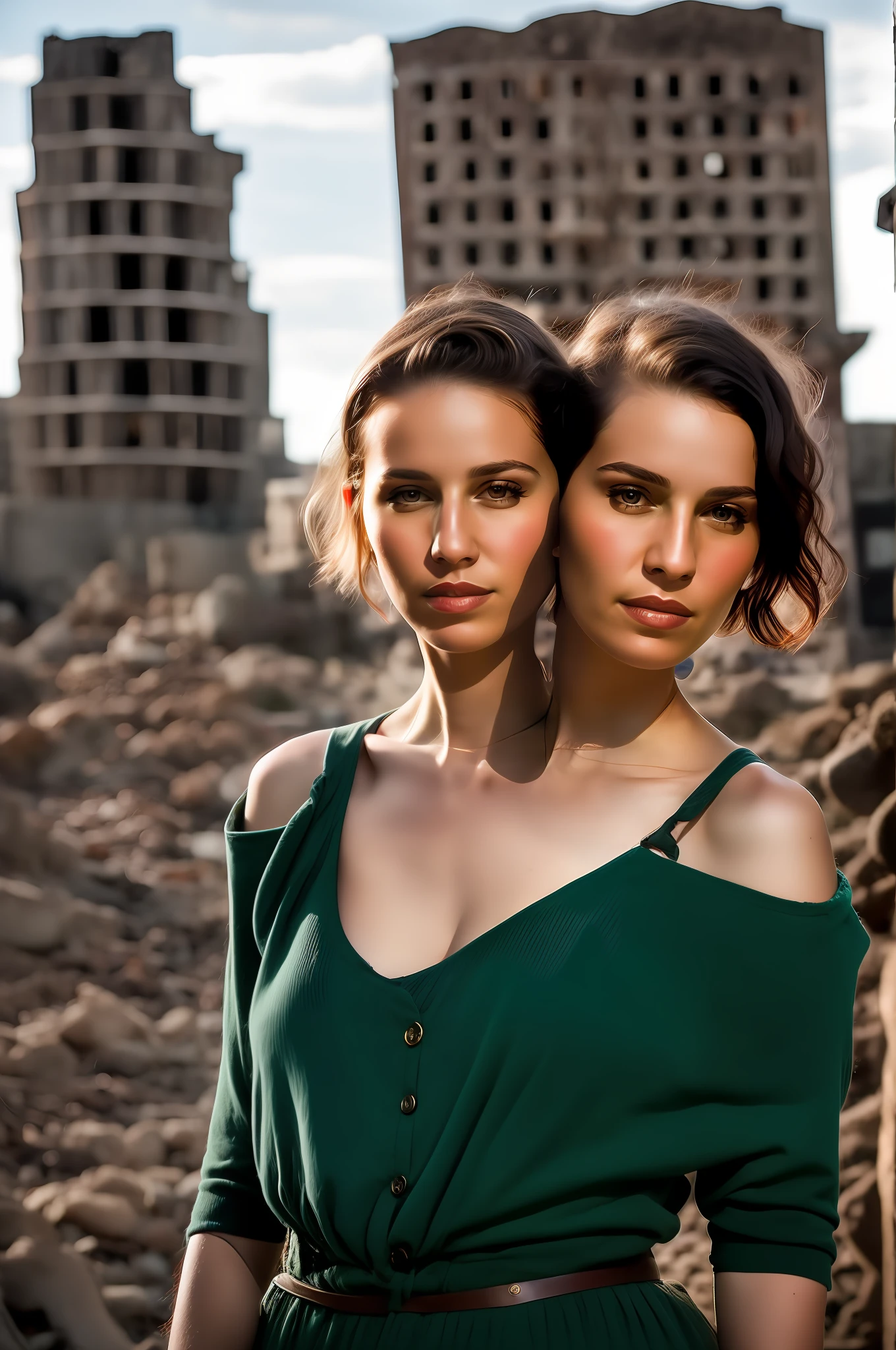 ((2heads)),RAW photo, a close up portrait photo of 32 y.o woman in wastelander clothes,shazglow, wavy brown and blonde hair, short haircut, pale skin, slim body, background is city ruins, (high detailed skin:1.2), 8k uhd, dslr, soft lighting, high quality, film grain, Fujifilm XT3