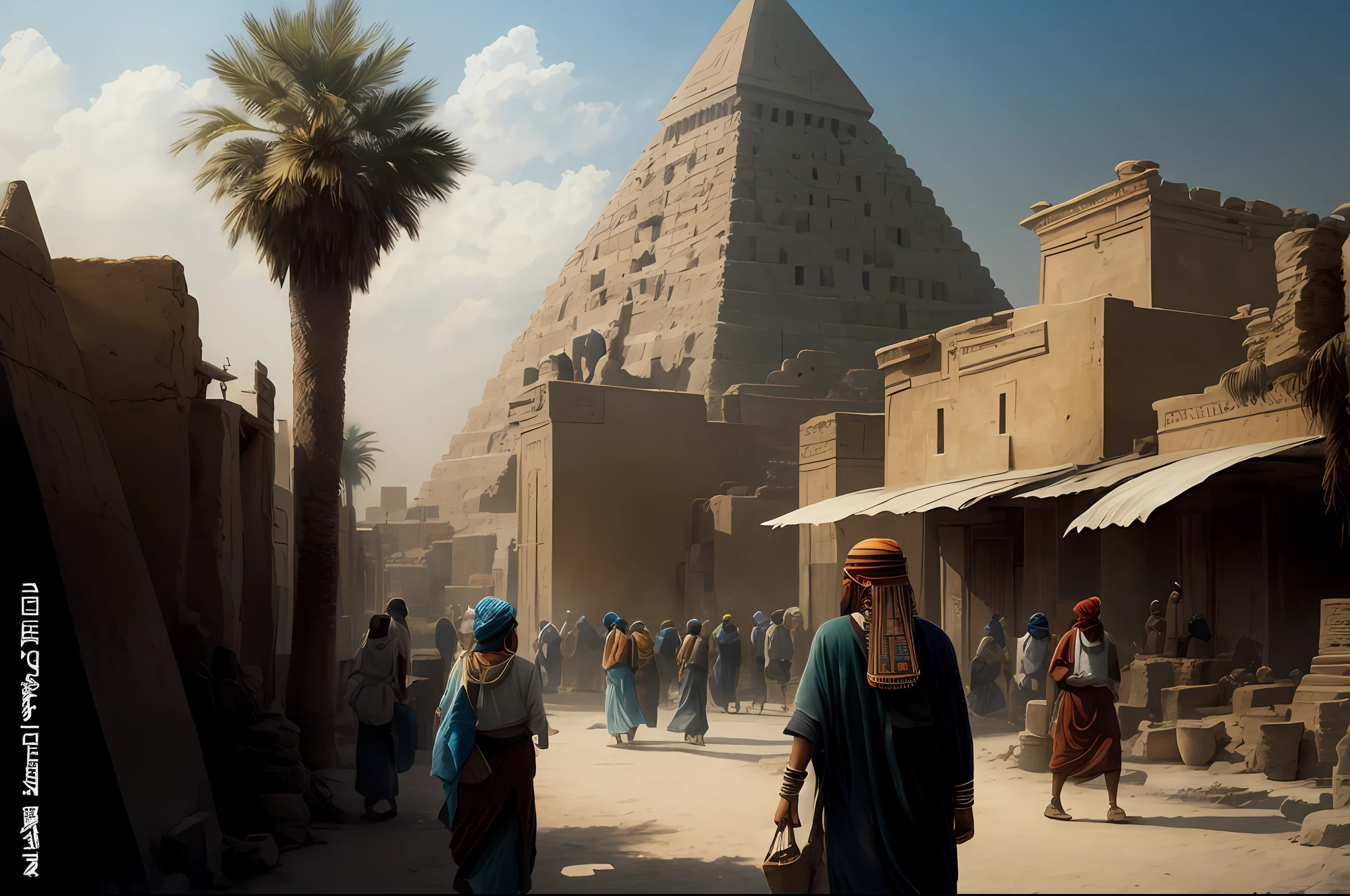 there are many people walking in a courtyard of a building, paisagem antiga da cidade, cidade antiga, in a major mesopotamian city, Zigurate, ancient megastructure pyramid, ancient pyramid, colorful ancient egyptian city, Timbuktu, Cidade colorida no Egito antigo, egyptian atmosphere, pisoteando uma cidade antiga, cidade no deserto, Directed by: Harrington Mann, egyptian environment