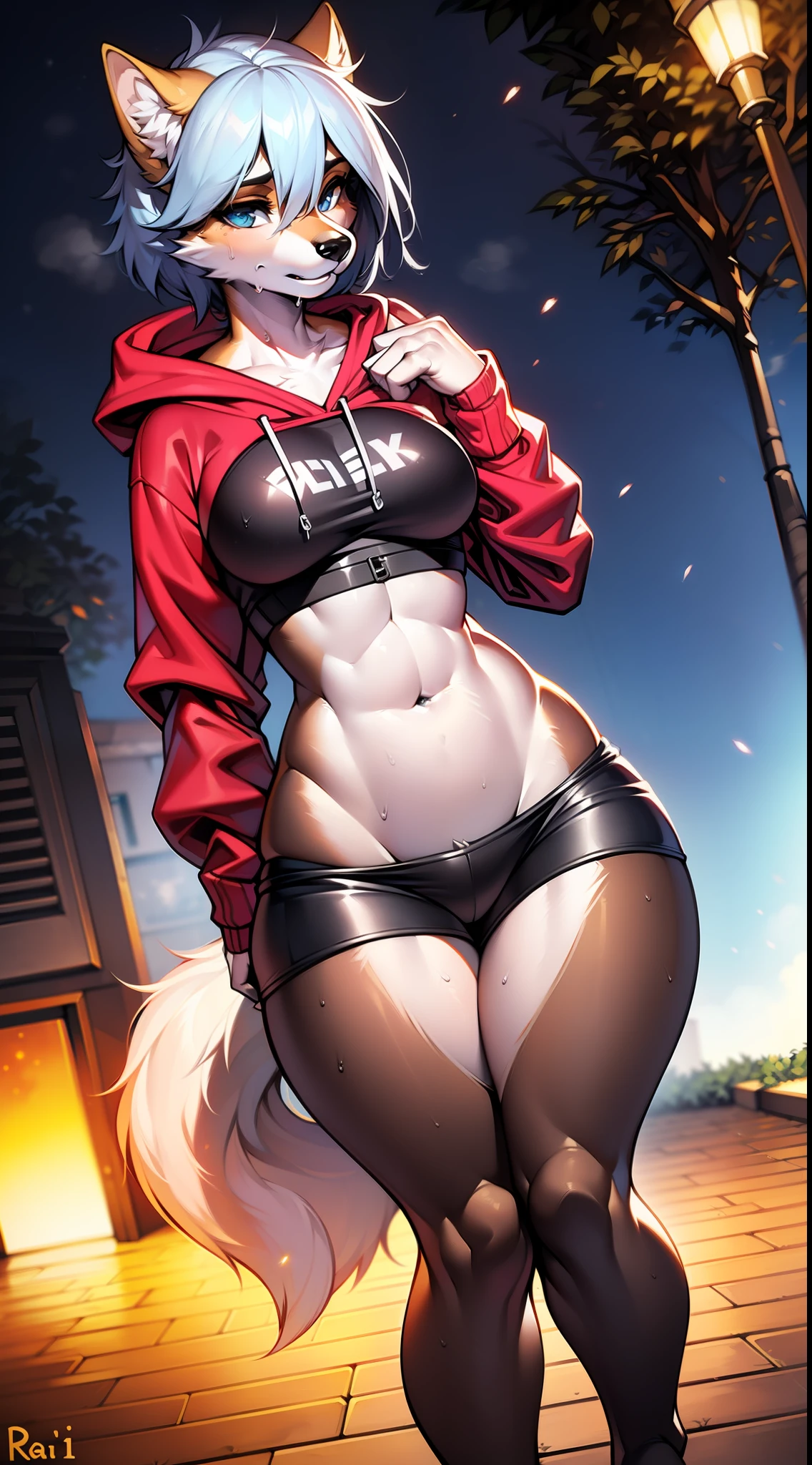 masterpiece, by ((rajii)), pixelsketcher, best quality, thick lines, perfect lighting, intricate, incredible detail, highly detailed, impasto perfectionism, female Peacewolf,anthro furry arctic white wolf, a cartoon wolf with a blue peace sign on it's chest and a white tail, white hair, white fringe with blue streak, clear blue eyes, white canine, pants, (foreshortening), (extreme closeup), (seductive pose, dynamic pose:1.3), female, breasts, neck fur tuft, (wide hips:1.1), (detailed dark park at night, going on a run), (trees, lake), (skin folds:1.3), (thin waist:1.1), (dimly lit:1.3) (small shoulders:1.2), confident, (fluffy fur texture), glossy body, (sweat:1.2), (beautiful face), ((solo)), (steam:1.2), (crop top hoodie), (bare shoulders), (long sleeve) shiny, skindentation, smooth, intricate detail, professionally retouched, natural lighting, realistic, light particles, fine fabric emphasis, masterpiece, 2k, 4k, 8k, high quality, realistic, hdr, colorful, trending on ArtStation, trending on CGSociety, High Detail, Sharp focus, dramatic, photorealistic