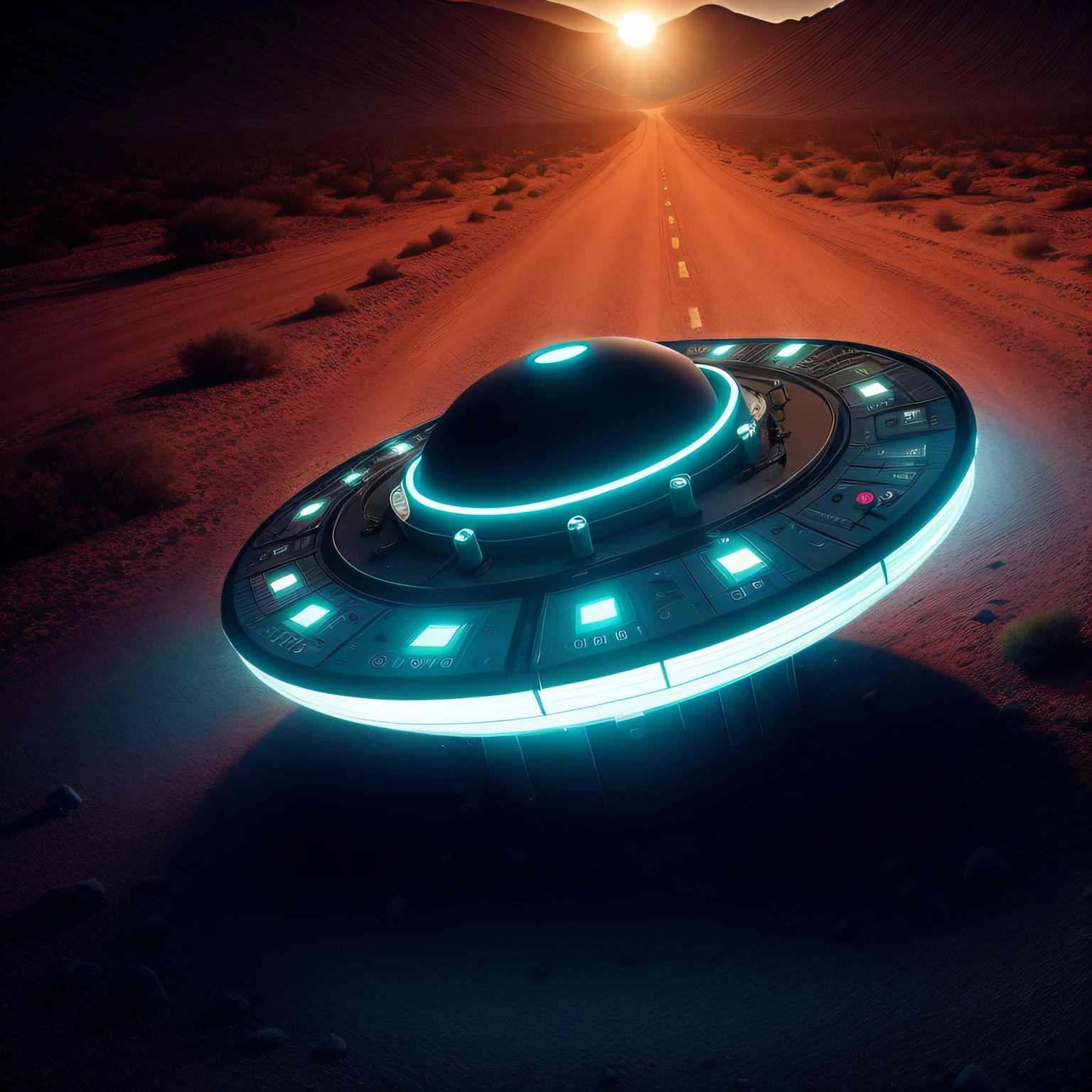 disco voador pousado no deserto a noite. 8k