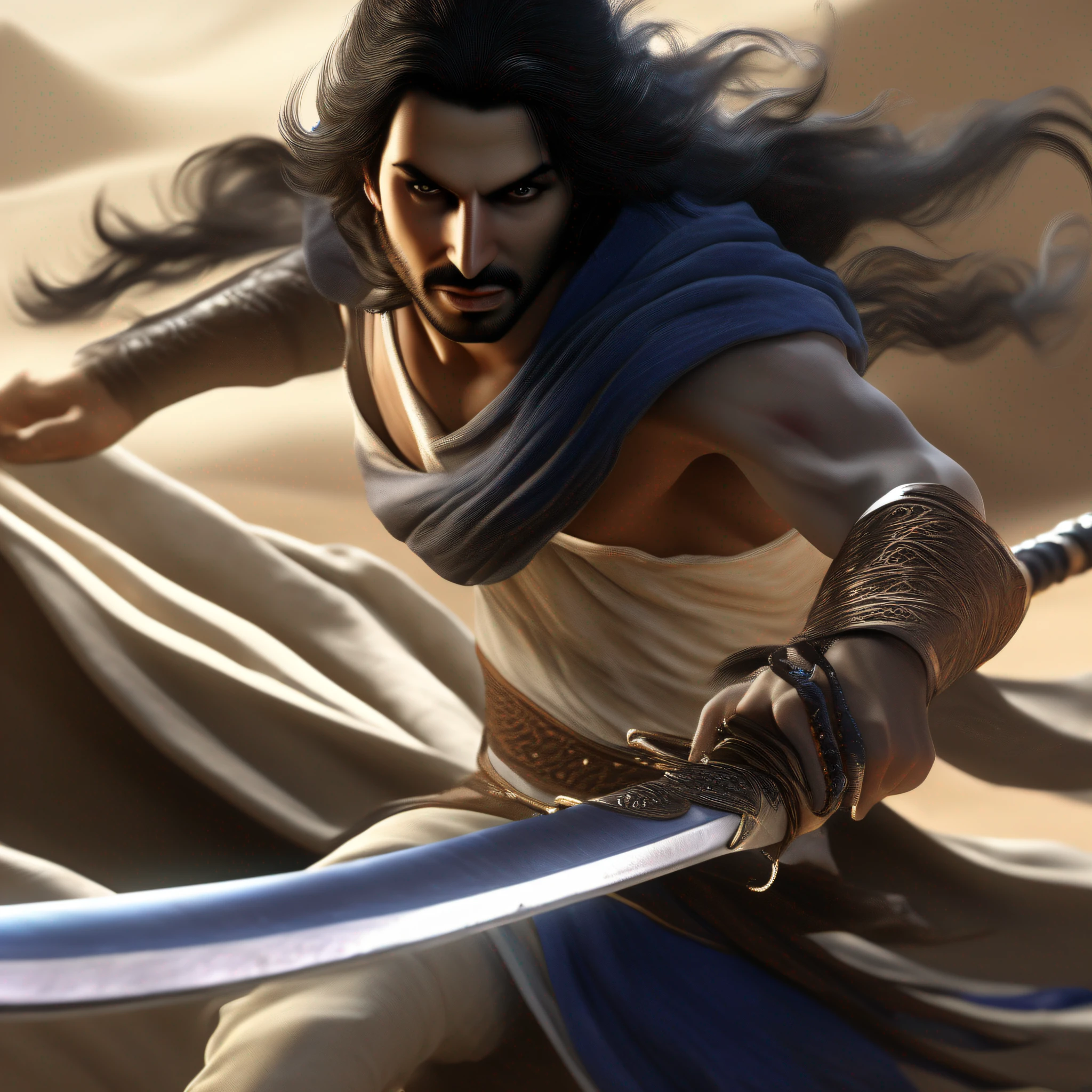 (Masterpiece), melhor qualidade, ultra-detalhado, 3D rendering, Dynamic pose, (prince of persia:1.3), espada, areia do tempo, fundo misterioso, texturas realistas, tecido detalhado, flowing hair, best ilumination, dramatic shadows.