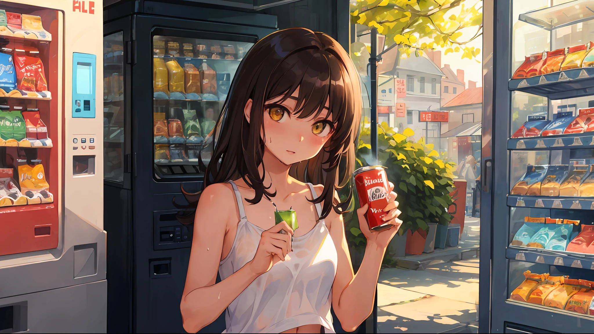 (Girl drinking canned juice)、Natural volumetric lighting and better shadows、Deep Depth Of Field、Sharp focus、Portrait of an incredibly beautiful girl、Soft and delicate attractive face with attractive yellow eyes、Sharp eyeliner、beautiful small medium breasts、View other people、disheveled brown hair swept away by the wind、Eyeshadow that blushes with thick eyelashes、Separate lips、brown tanned skin、Wet sweat、(Transparent tank top:1.05)、Slim waist with open cute navel、Great neckline、Shorts with straps、(bend、Summer choking:1.1)、(In front of a small rustic snack shop in daylight、Side Vending Machine:1.15)、(beste Quality、amazing detailed: 1.4)、A masterpie、bloom、Picturesque、Vivid Watercolor Paintings