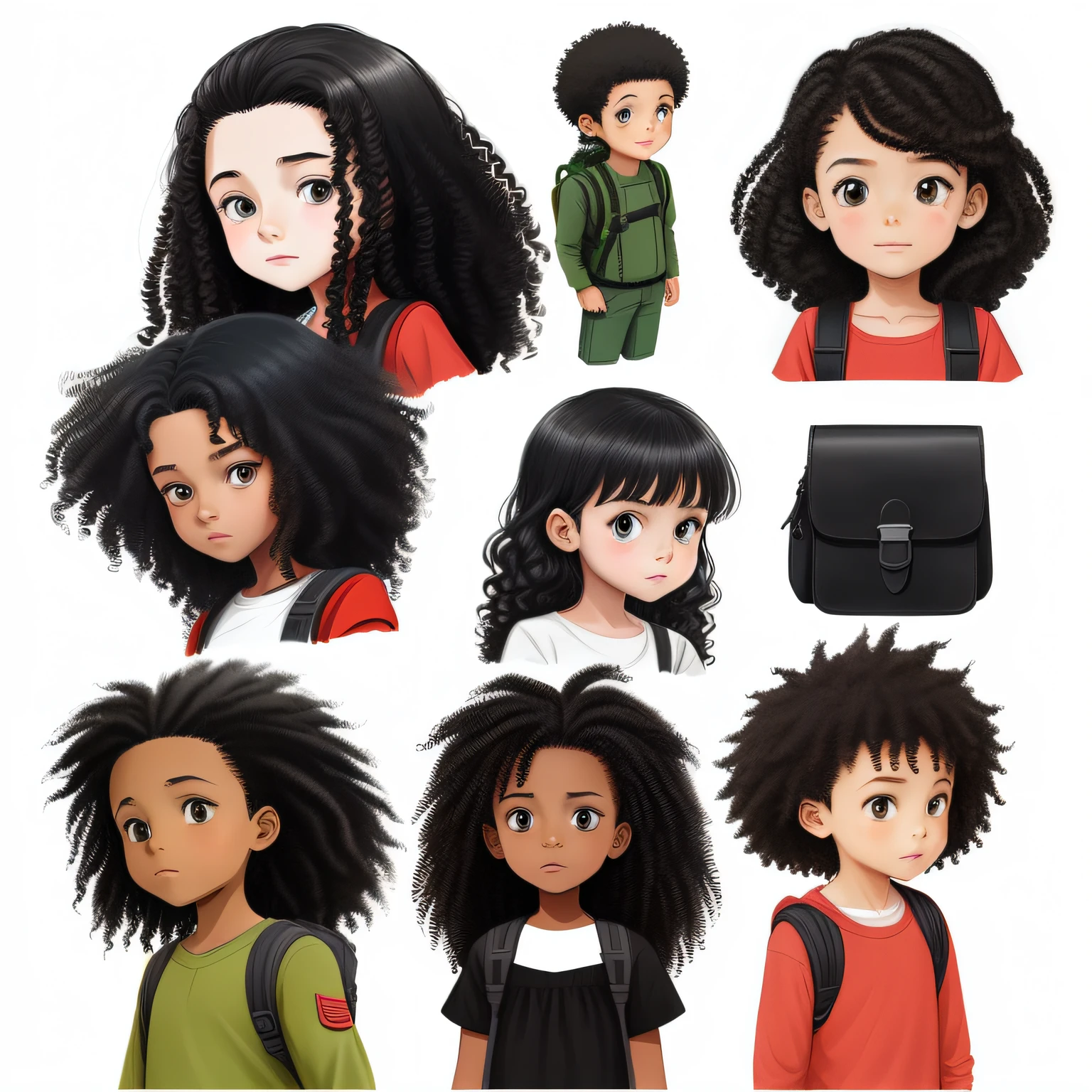 a small explorer children, with various poses and expressions, on a white background, illustration of a children's book, manga style, for 6 years old, ((a girl: a black woman with long black curly hair)), without a book, without a backpack, without weapons, without knives, without military equipment
