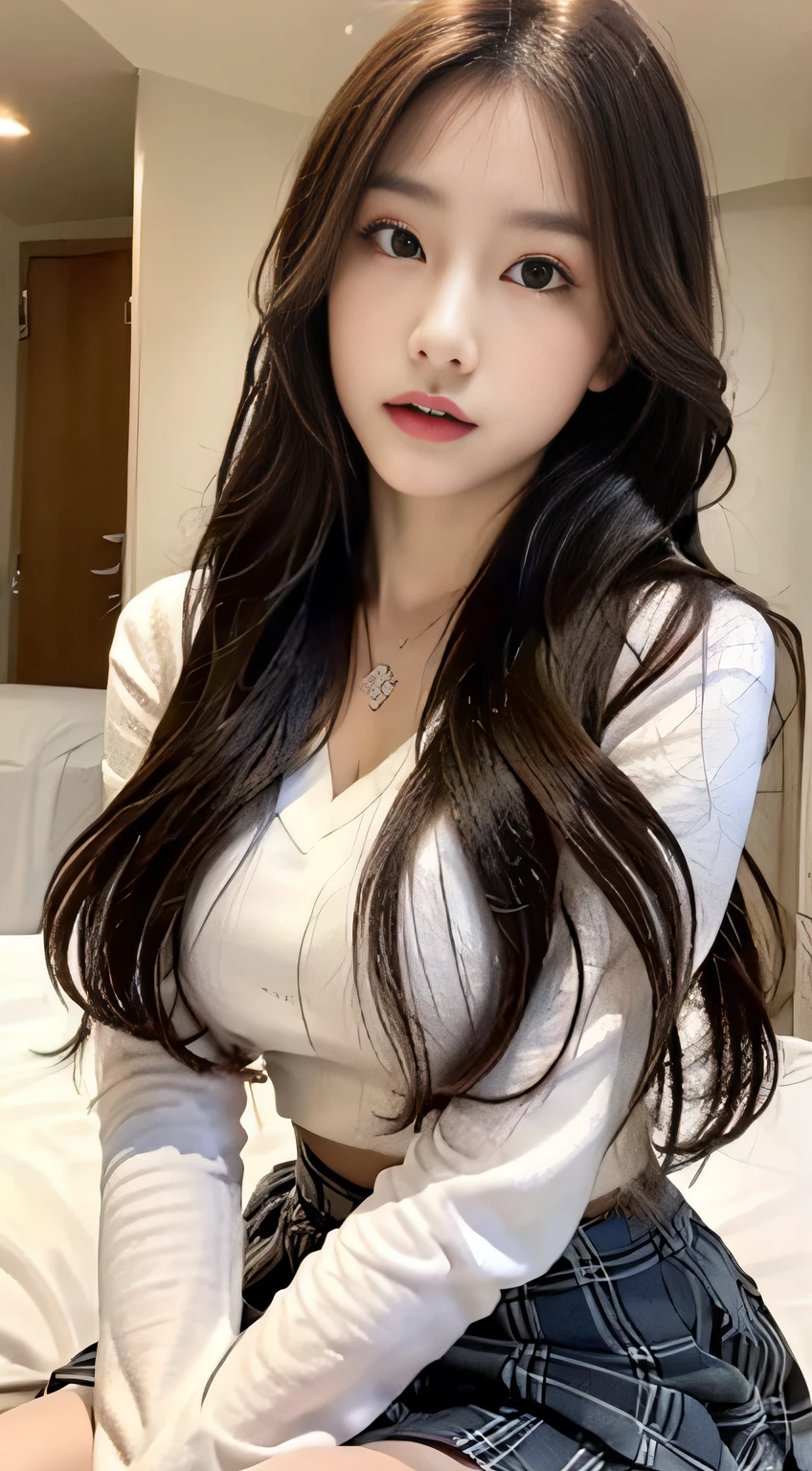 ((premier quality,8K,The Masterpiece:1.3)),beauty woman,Hide your face,1girl with big breasts,full full body,beautifull:1.3,Slender abs:1.1,White shirt,is exposed,full,longblackhair,(sitting on his knees on the bed),The legs are spread apart,Plaid miniskirt,Japanese high school uniform,Super detailed face,Highly Detailed Lips,Detailed eyes,Double eyelid,Strict head and body ratios:1.5,
