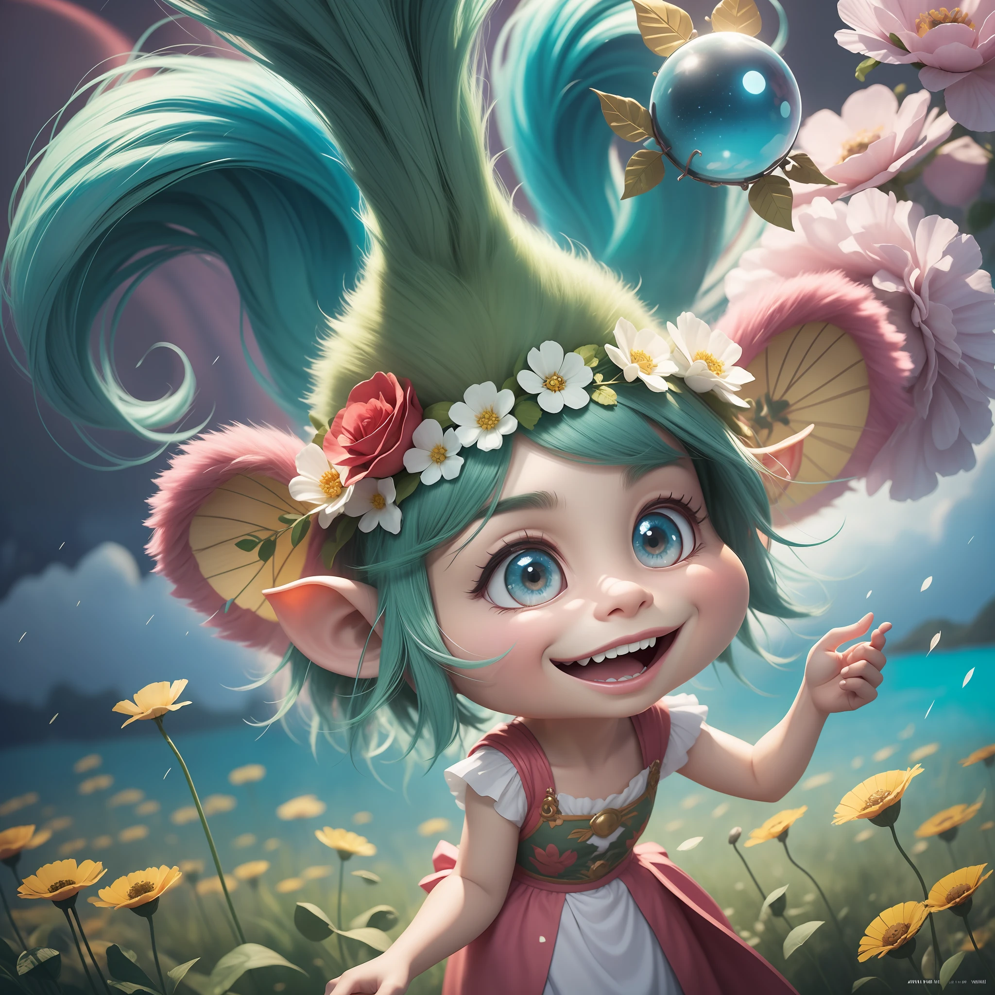 Filme dos trolls, poppy a rainha, cabelos rosas, vestidos azuis, coroa de flor, sorriso angelical, olhar carinhoso,  imagem realista 32k