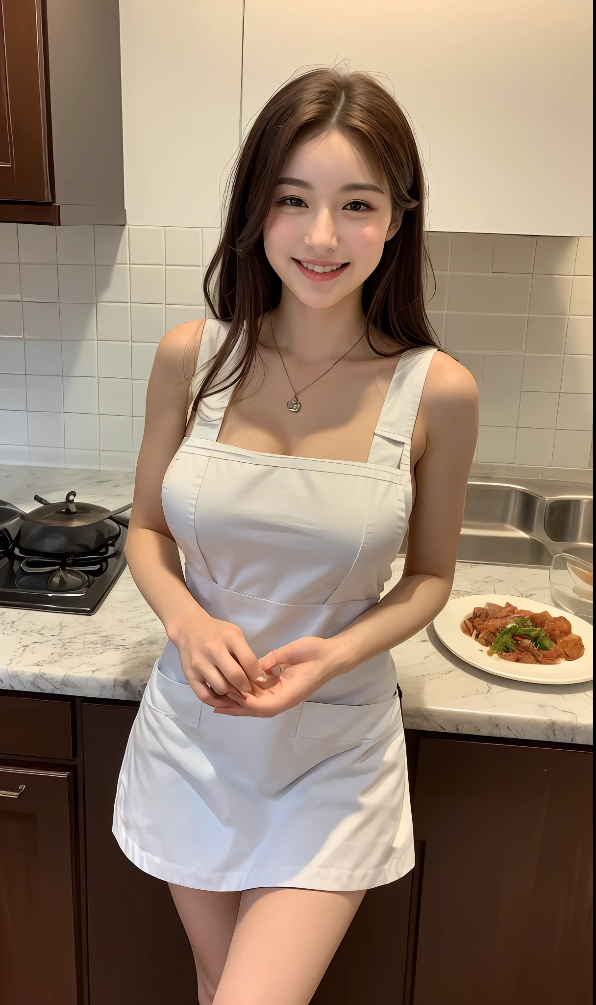 (Best quality, 8k, masterpiece: 1.3), a beautiful woman with perfect figure: 1.4, dark brown hair, wearing a pendant, wearing an apron, in the kitchen, highly detailed face and skin, detailed eyes, double eyelids, big breasts, smiling, is eating sauce plate duck