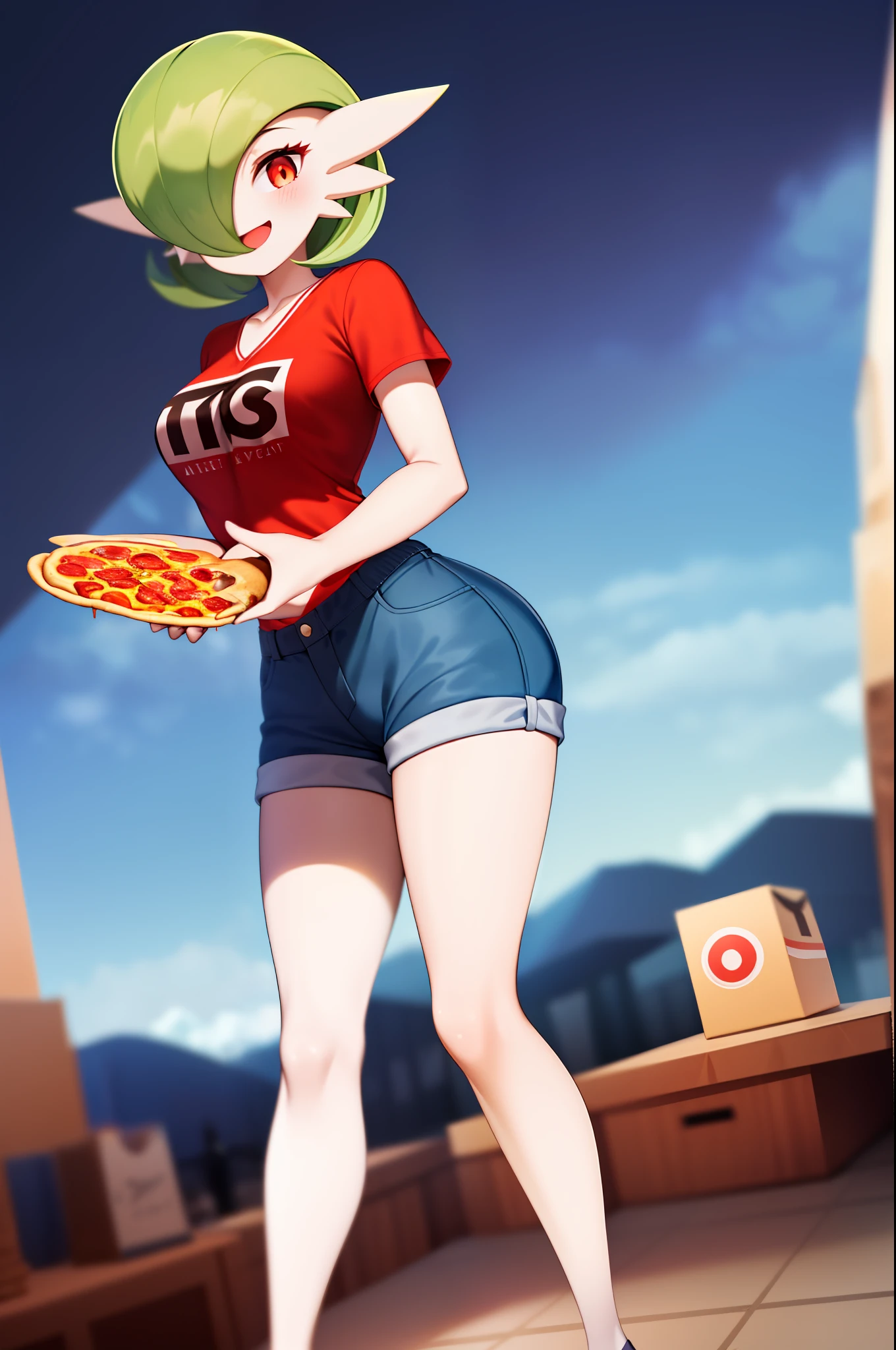 obra maestra, best_quality, 1girl, solo, gardevoir, pokemon \(criatura\), cabello verde, ojos rojos, en una ciudad, de noche, sonrisa, usando shorts, camisa roja, uniforme de pizzeria, lleva una caja de pizza en la mano, uniforme ajustado, senos femeninos, senos medianos.