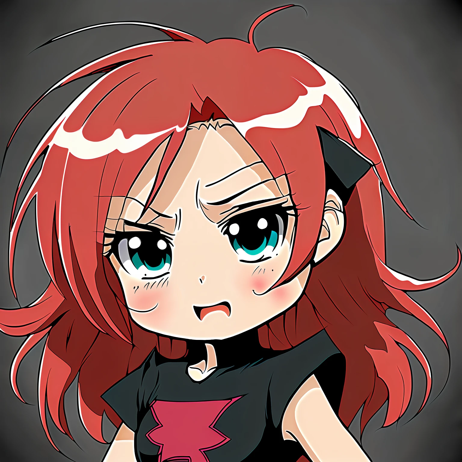 white child long curly red hair open eyes face with angry expression pink chibi top comic book style