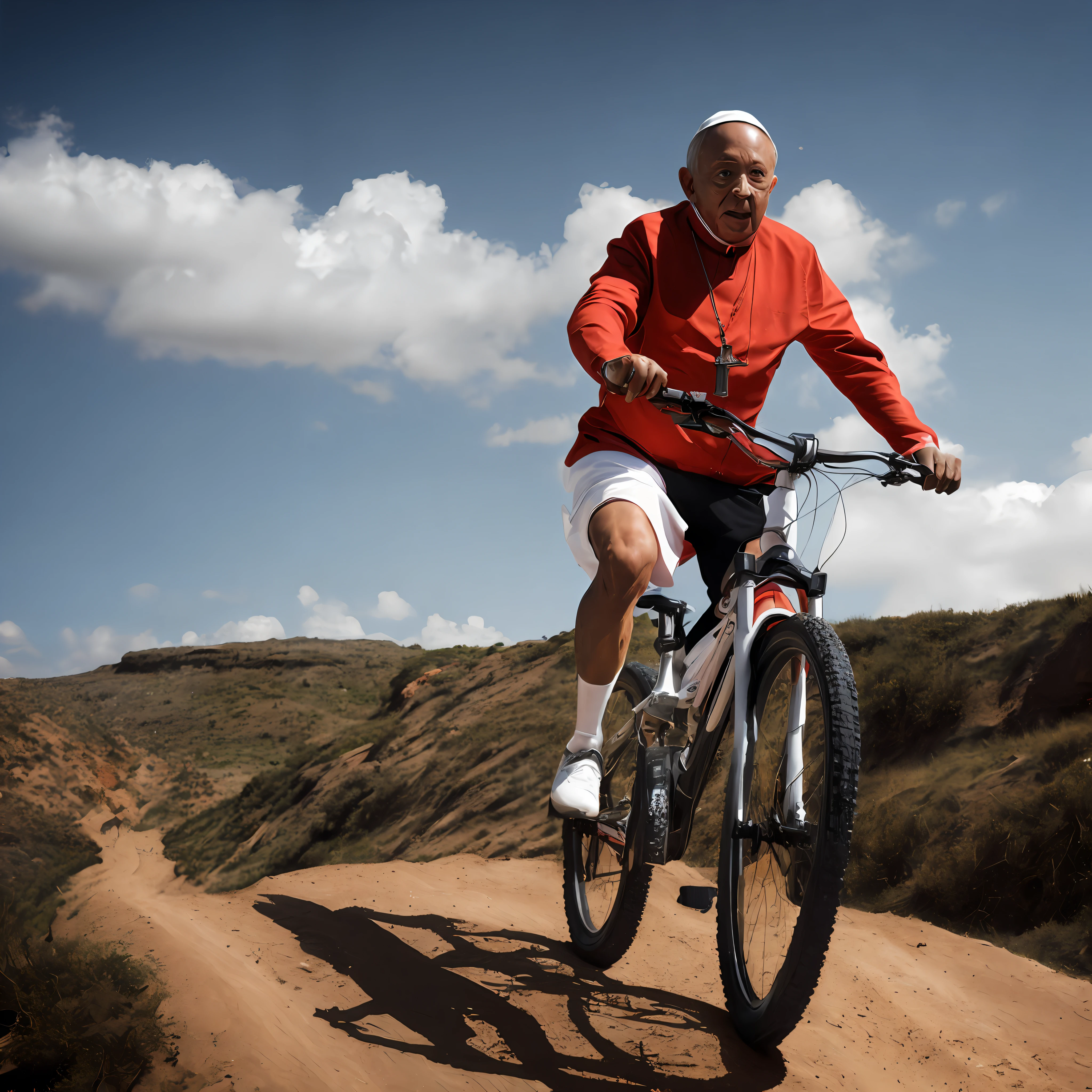 obra-prima, papa francisco pedalando de MTB pela estrada, (detalhe alto: 1 1), rough face, pele natural, alta qualidade, NSFW, (rosto: 1 2), noise, extra, Foto real, .PSD, sharp-focus, contrast lighting, pele detalhada, high res 8k, realista, fotografia profissional, 8k UHD, SLR camera, Soft illumination, alta qualidade, filmic grain, Fujifilm XT3