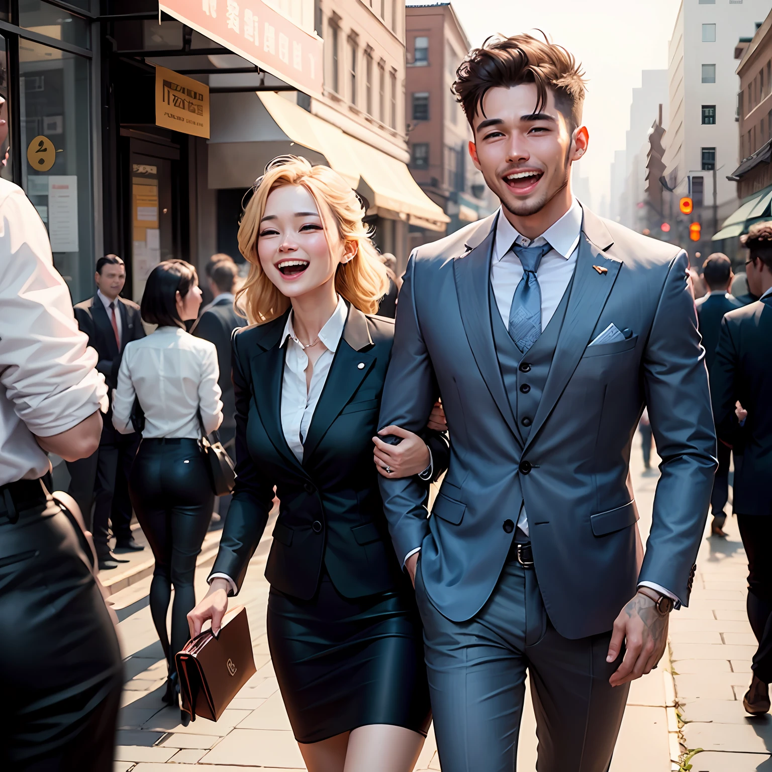 Give every salesperson a chance to succeed！、Male salesperson、Female salesperson、Beautiful men and women、Wearing a suit、Laughing with a loving face、Downtown、images --auto