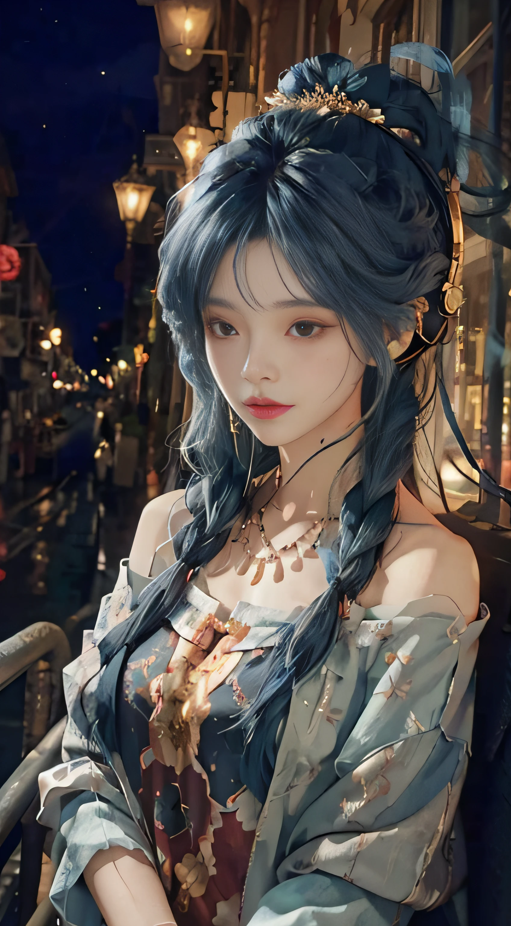 1 girl, hoodie, blue hair, extra long hair, off-the-shoulder, feather hair ornament, headphones around the neck, city, night, outdoors