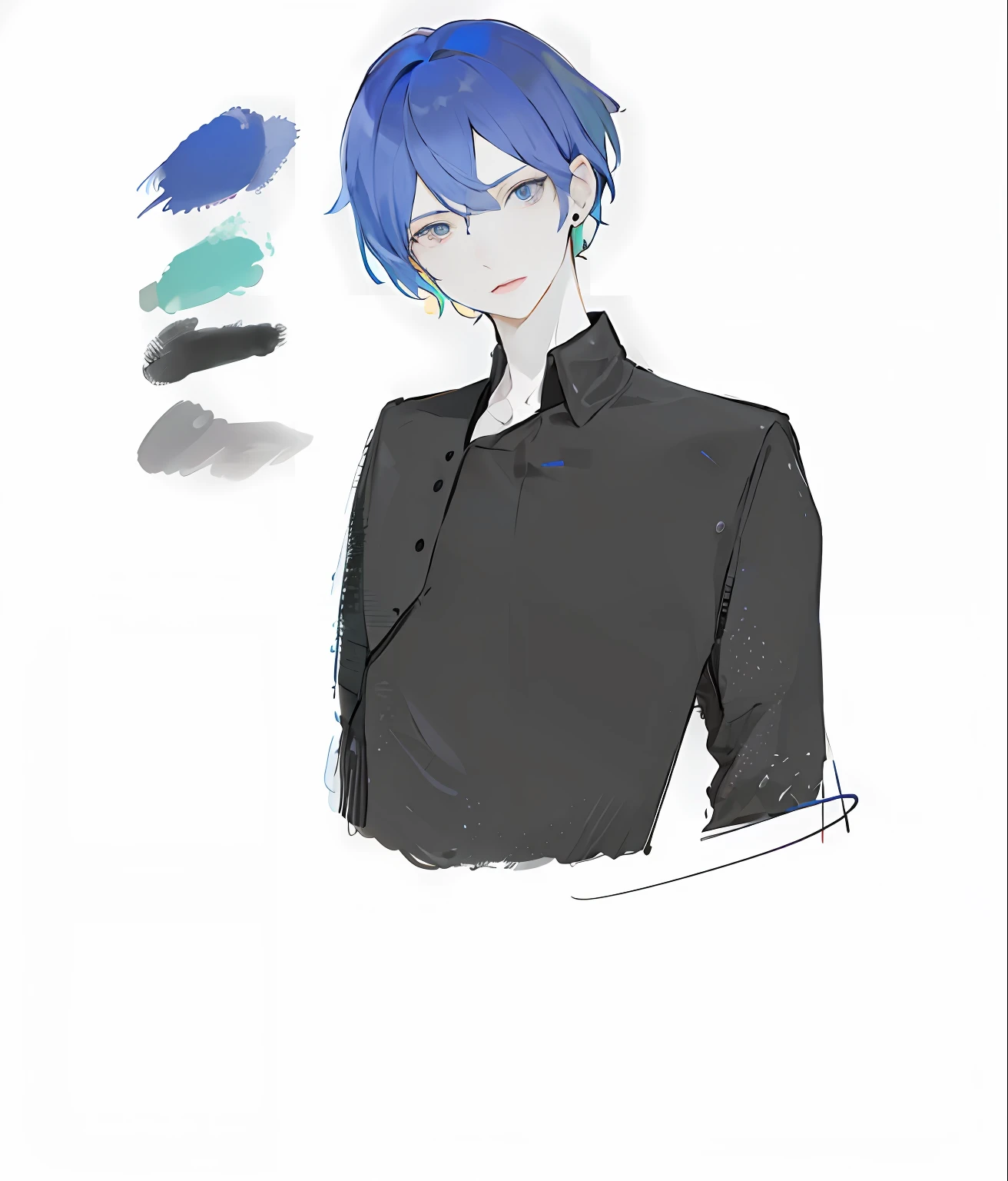 anime boy with blue hair and black shirt and black jacket, inspired by Okumura Togyu, 2 d anime style, inspired by Okumura Masanobu, hiroyuki takahashi color scheme, Tall anime guy with blue eyes, paint tool sai!! blue, kentaro miura art style, anime colours, persona art style, young anime man --auto