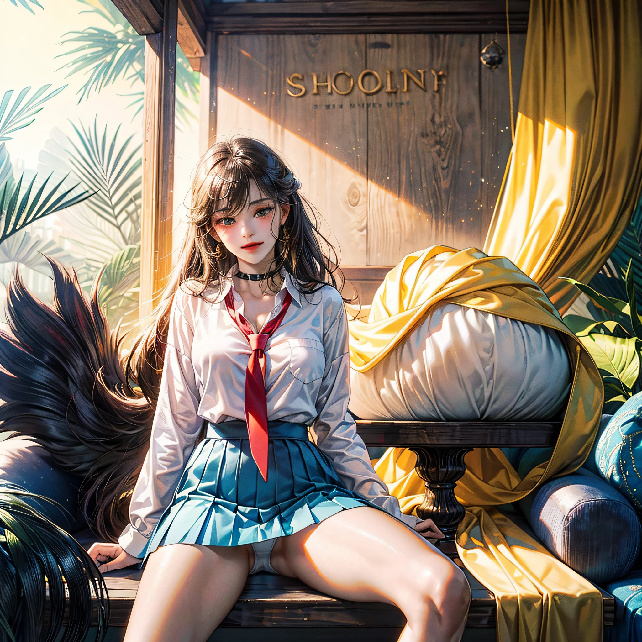 (The Masterpiece,premier quality,best qualityt,Beautiful and beautiful),1girl,yae miko,独奏,very detailled,the highest detail,8K photos,逼真,haruhi_srf,White long-sleeved shirt with blue collar,Miniature miniskirt,Blue skirt,red necktie,yellow ribbon,cute girls,spreads both legs,White panties are shown, looking at the spectator,Stand,Small laugh,immensely gigantic breasts,frombelow,school room, --auto