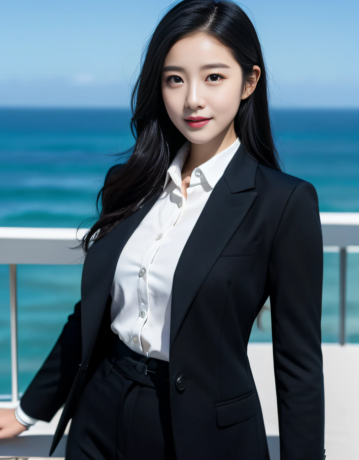 (RAW photograph:1.2),the highest quality, ultra-highres, slim waist, Lovely smile, 8K, Very detailed faces, detailed lips, delicated eyes, Double eyelidd, long black hair, Black-haired god, Top-notch terrace, next to the reflecting ocean, cinematic shot,expansive cinematic view, Bright and cheerful atmosphere, Lovely eyes, (Suits in white and black)