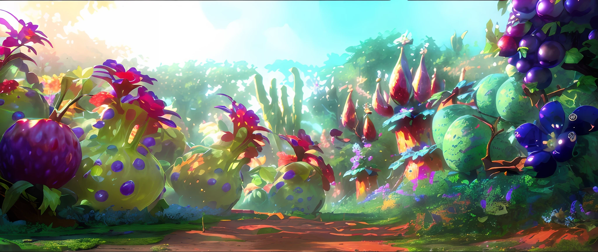 (Microscopic perspective),There are in the forest in the hot summer(Fantasy strawberries+Fantasy grapes+Fantasy flowers+Fantasy greenery+Alien fruits+Fantasy Tree+earth+earth+Fantasy fruit),Feel the sense of atmosphere wrapped in fruit,Pixar style,Pixar movies,Optimal material feel,Best light efficiency,Best 4K resolution,The perfect masterpiece