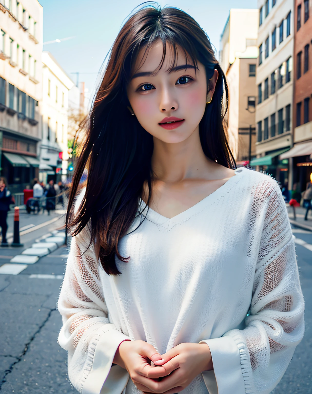 Woman posing on street corner、beste Quality、a highres、8K、The girls 1 people、(small tits)、during the day、well lit、al fresco、(Street:0.8)、(The human々、crowd:1)、、gorgeou、(Medium Hair)、Beautiful detailed sky、Beautiful earrings、(dinamic pose:0.8)、 (upper-body:1.2)、Soft lighting、Vents、Lustrous skin、line of sight、Casual wear