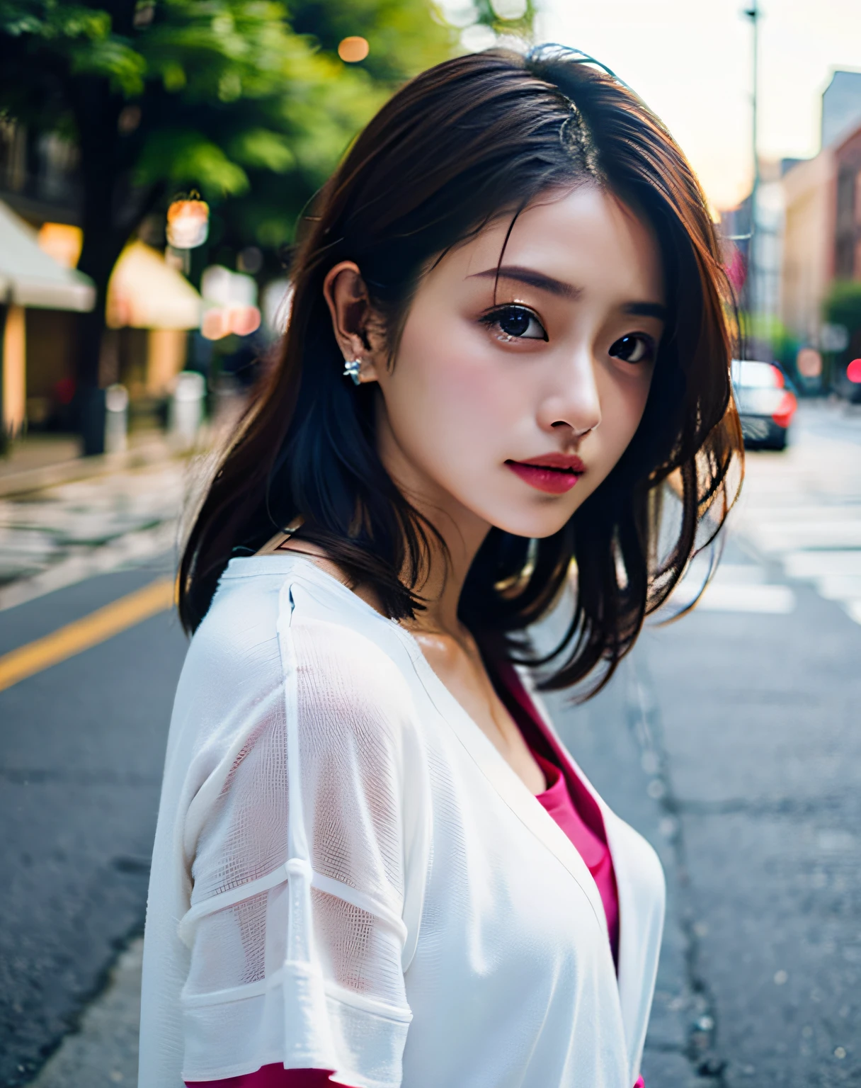 Woman posing on street corner、beste Quality、a highres、8K、The girls 1 people、(small tits)、during the day、well lit、al fresco、(Street:0.8)、(The human々、crowd:1)、、gorgeou、(Medium Hair)、Beautiful detailed sky、Beautiful earrings、(dinamic pose:0.8)、 (upper-body:1.2)、Soft lighting、Vents、Lustrous skin、line of sight、Casual wear