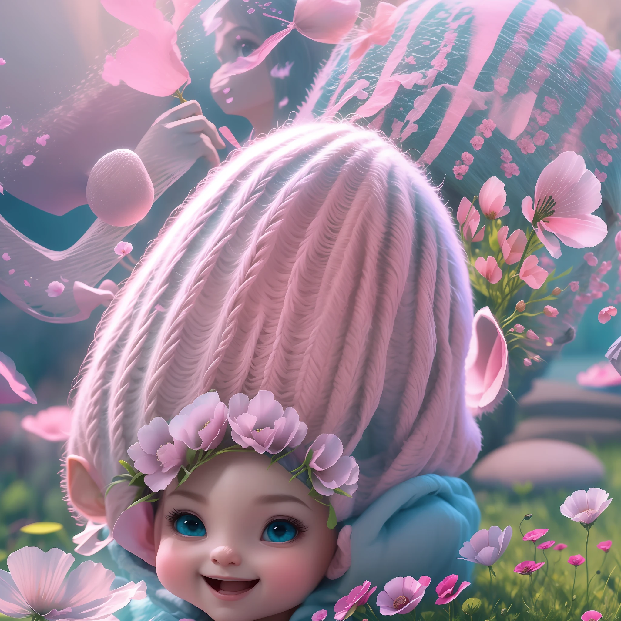 Filme dos trolls, poppy a rainha, cabelos rosas, vestidos azuis, coroa de flor, sorriso angelical, olhar carinhoso,  imagem realista 32k