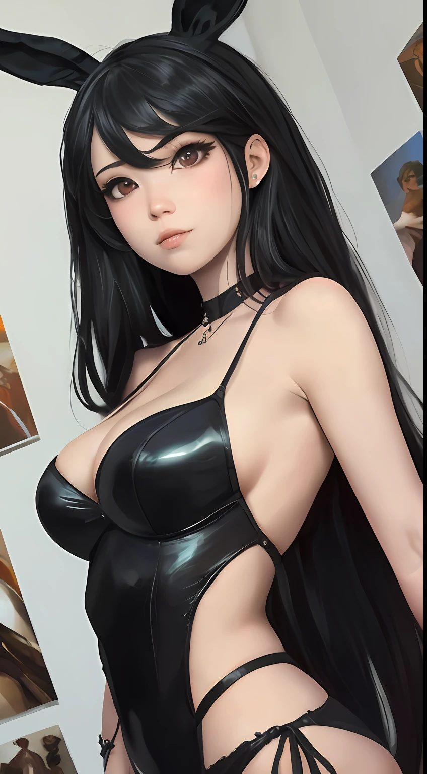 Retrato 8k da mulher bonita, cabelos prateados curtos, intrincado, elegante, altamente detalhado, majestoso, fotografia digital, Arte de Artgerm e Ruan Jia e Greg Rutkowski Pintura Surreal, (coelhinho playboy), (Meias de renda), Orelhas de coelho, (quarto), (Front view, Dynamic pose, random pose), (((seios grandes))), (Masterpiece, sidelighting, belos olhos finamente detalhados: 1.2), HDR, cintura estreita, delineador,