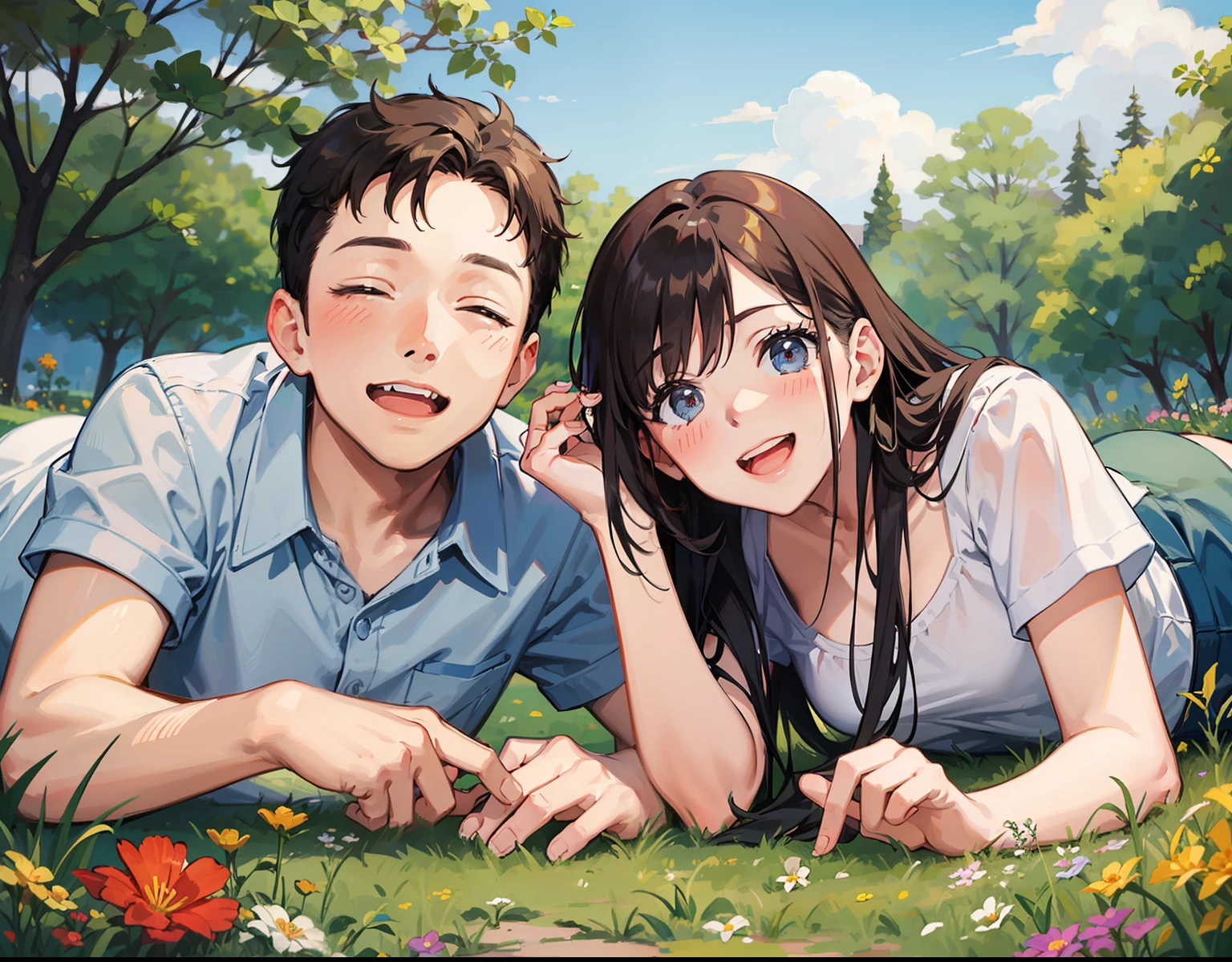 couple, 1girl, 1boy, laying on the grass, smile, laugh, romantic atmosphere, behind the flower, flower field, blue sky, landscape