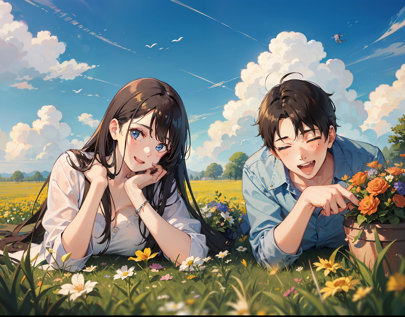 Anime couple laying in the grass with flowers in front of them - SeaArt AI