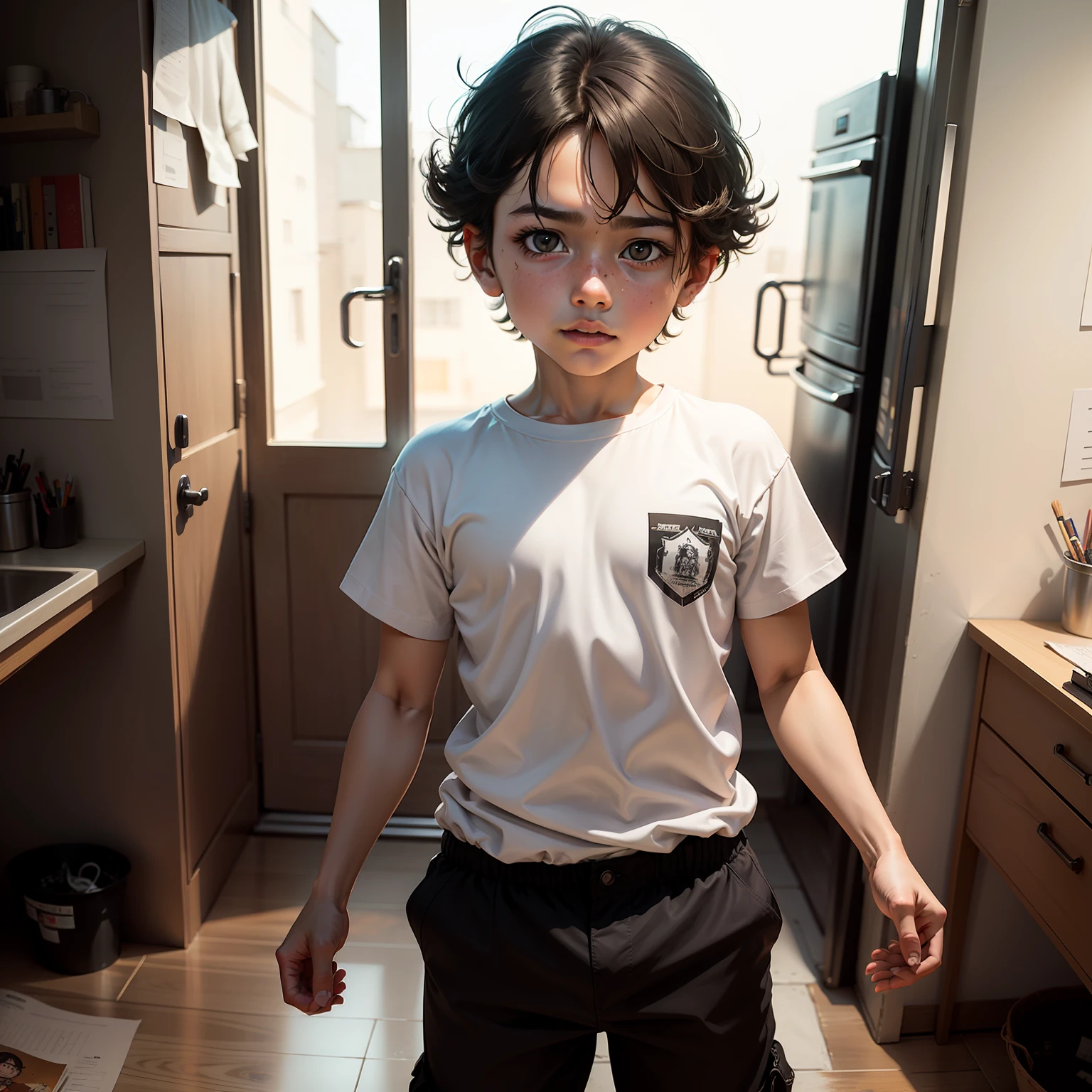 obra-prima, (ultradetalhado), Make me an 8 year old boy with black eyes, cabelo castanho em um formato de desenho animado em um fundo branco