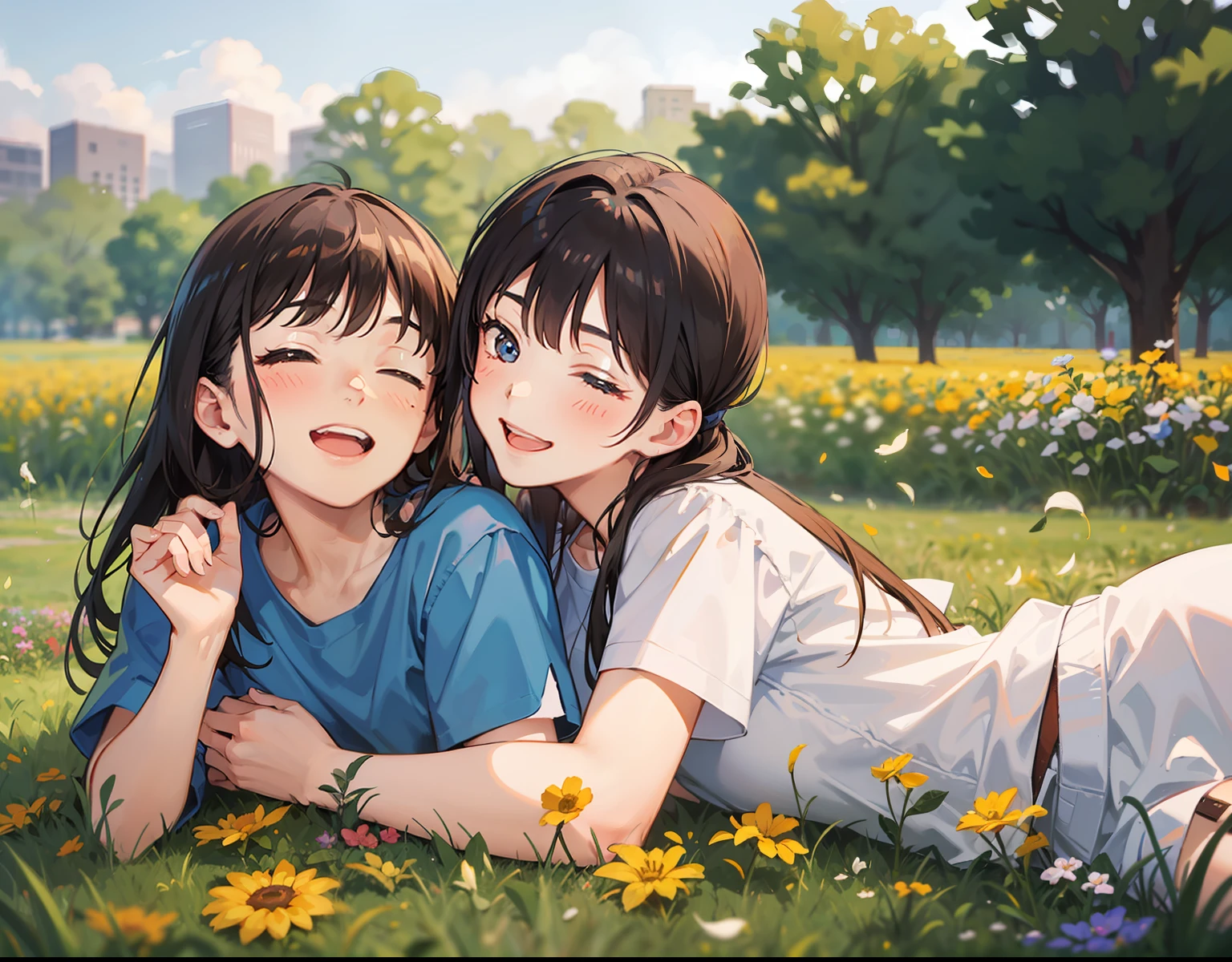 couple, 1girl, 1boy, laying on the grass, smile, laugh, romantic atmosphere, behind the flower, flower field, blue sky, landscape