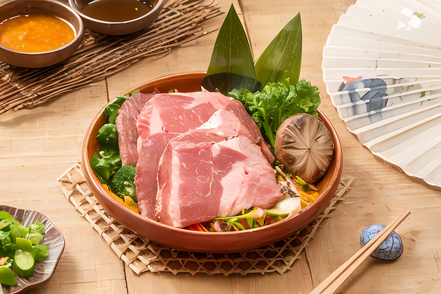 there is a bowl of meat and vegetables on a table, raw pork, ground red meat, beef, takada akemi, yoshiku, in kimono, style of shuzo oshimi, Asao Urata, iwakura, daoshu, omina tachibana, banchou, shin-hanga, japanese collection product