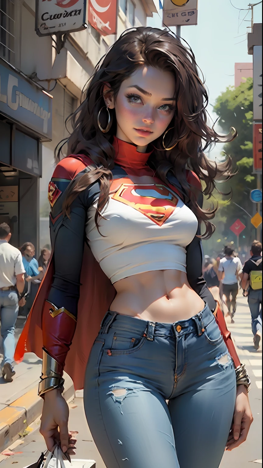 Definition of the woman's body: coxa fina, abdome fino, mid breasts, jeans curto, Supergirl Cosplay, S de superman no peito blusa curta azul, abdome definido, seios pequenos