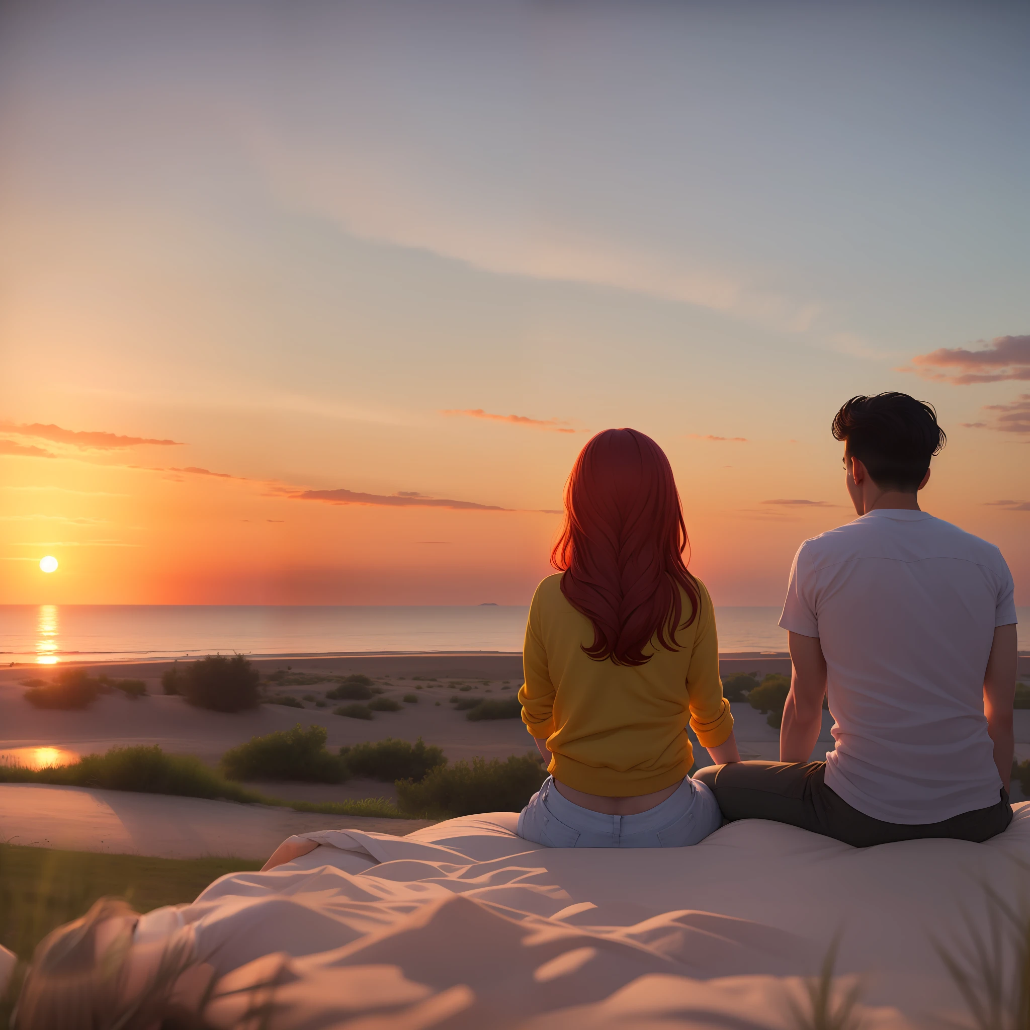 masterpiece, best quality, 8k, 1girl, 1guy, girl with dyed red hair, boy with black hair, sitted, looking at the sunset