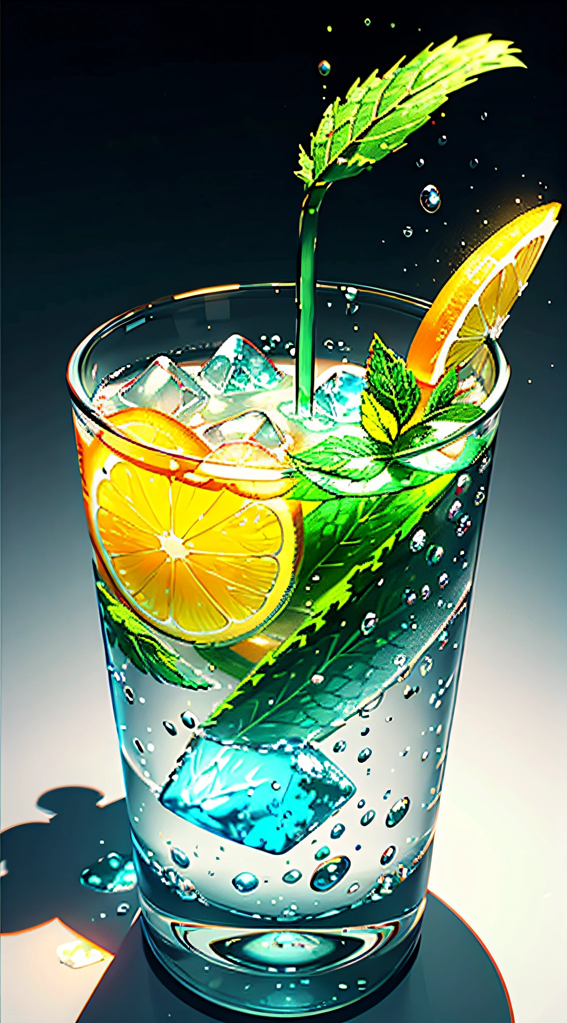 A glass of soft drink，Frozen，Freeze effect，white background，Clean focus shot，There are a few pieces of watermelon inside，There are mint leaves，Cut small orange green，There are ice cubes，There are several scattered ice cubes on the board，Super realistic food pictures, full subject shown in photo,，Randy Post, hyper realistic &quot;, hyper realistic&quot;, high res photo