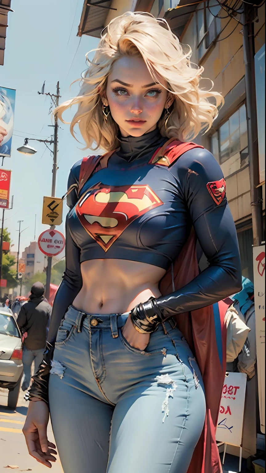 Definition of the woman's body: coxa fina, abdome fino, mid breasts, jeans curto, Supergirl Cosplay, S de superman no peito blusa curta azul, abdome definido, seios pequenos