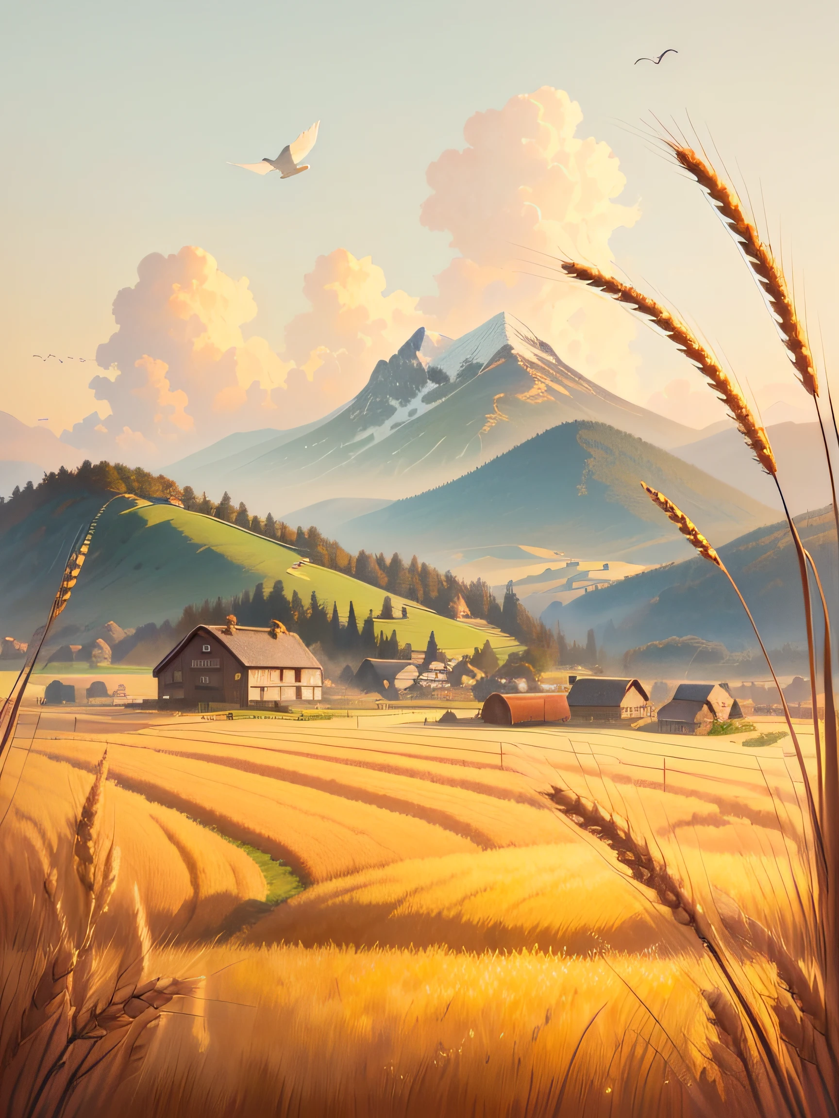 There is a photo of a farm scene，A bird flies over the mountain, anime countryside landscape, Landscape illustration, zona rural, scenery artwork, distant village background, detailed scenery —width 672, National landscape, a beautiful artwork illustration, wheat field, scenery art detailed, arte de fundo, detailed digital illustration, countryside city scene, Flat illustration, Highly detailed illustration,There is wheat，There are birds flying in the sky