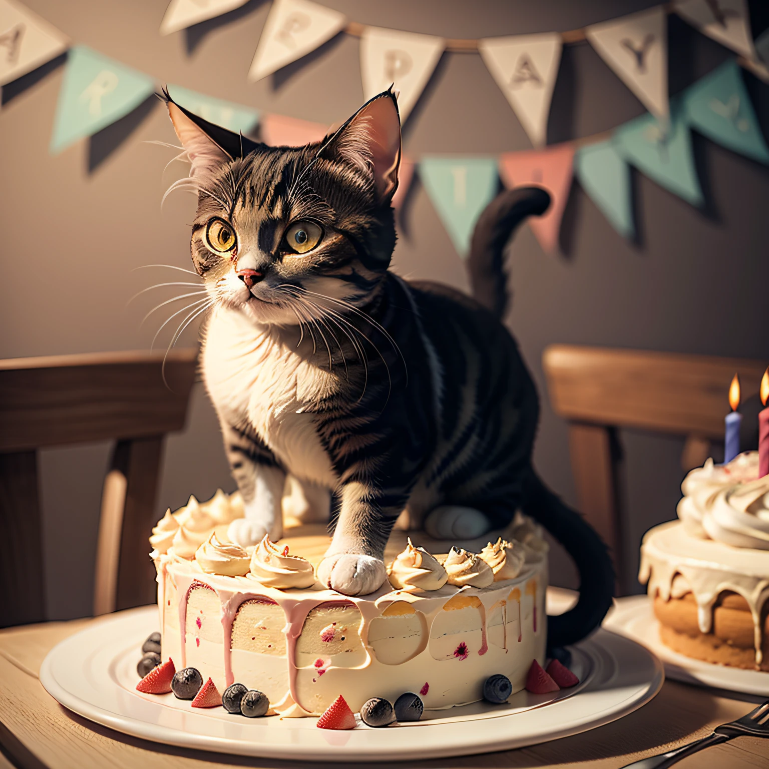 happy cat celebrates birthday party, birthday cake, many cat friends --auto
