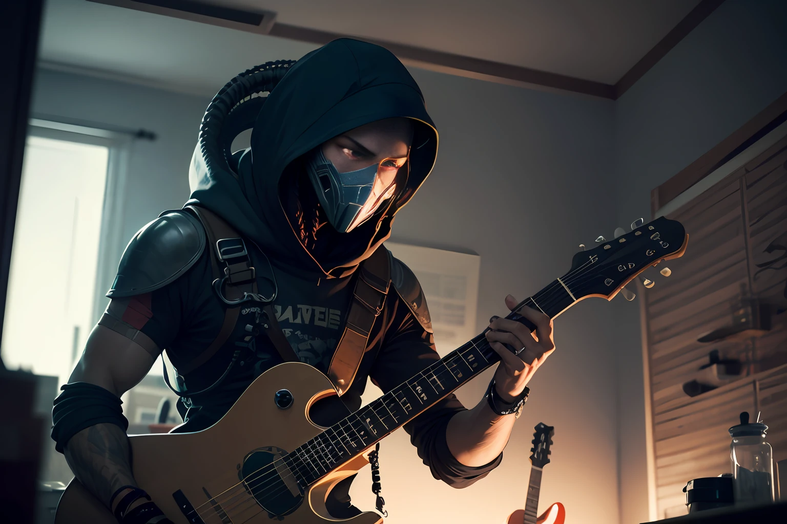 Filme Aliens vs Predator, (playing the guitar), sentado, Olhos detalhados, Rosto detalhado, inside his lab, , cena louca de um filme, dramatic shooting angle, atmospheric particles, real, raw cinematic photorealism, action portrait, 8k, circunstanciado, Centrado, quadro completo