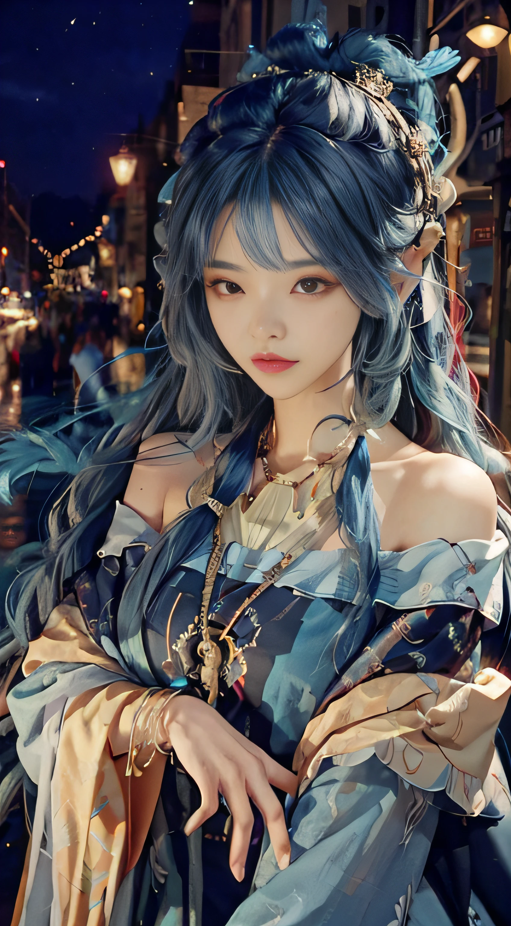 1 girl, hoodie, blue hair, extra long hair, off-the-shoulder, feather hair ornament, headphones around the neck, city, night, outdoors