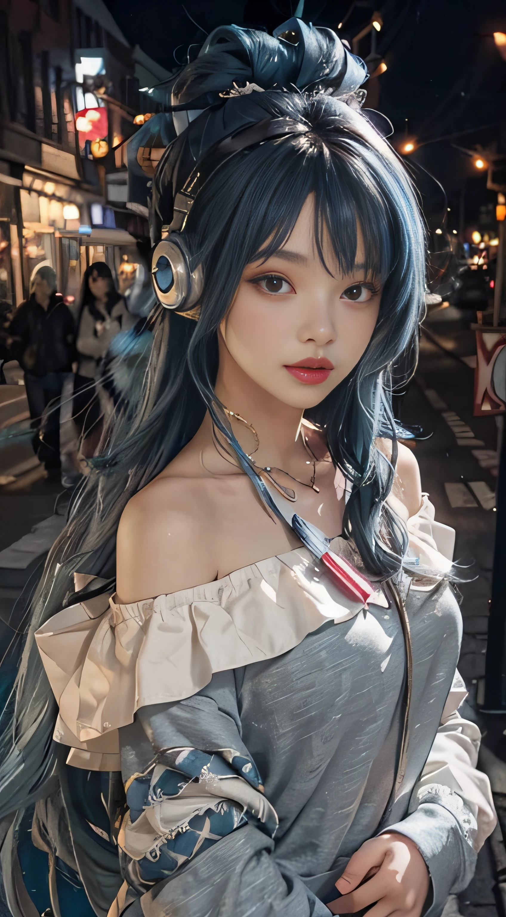 1 girl, hoodie, blue hair, extra long hair, off-the-shoulder, feather hair ornament, headphones around the neck, city, night, outdoors