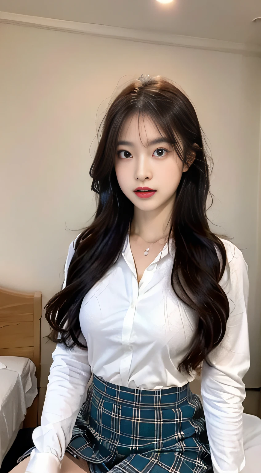 ((premier quality,8K,The Masterpiece:1.3)),beauty woman,Hide your face,1girl with big breasts,full full body,beautifull:1.3,Slender abs:1.1,White shirt,is exposed,full,longblackhair,(sitting on his knees on the bed),The legs are spread apart,Plaid miniskirt,Japanese high school uniform,Super detailed face,Highly Detailed Lips,Detailed eyes,Double eyelid,Strict head and body ratios:1.5,