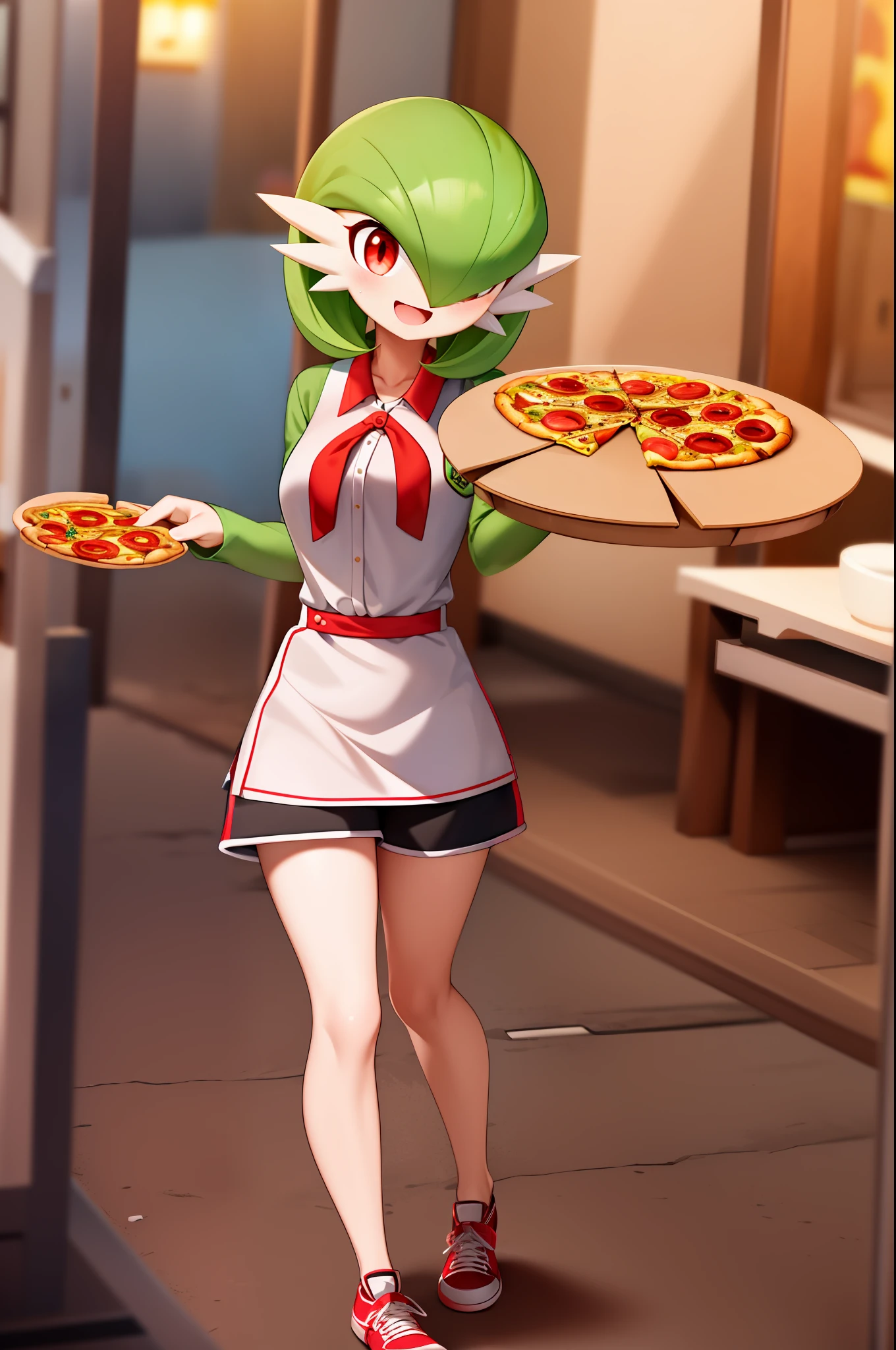 obra maestra, best_quality, 1girl, solo, gardevoir, pokemon \(criatura\), cabello verde, ojos rojos, en una ciudad, de noche, sonrisa, usando shorts, camisa roja, uniforme de pizzeria, lleva una caja de pizza en la mano, caja para pizzas, uniforme ajustado, senos femeninos, senos medianos.