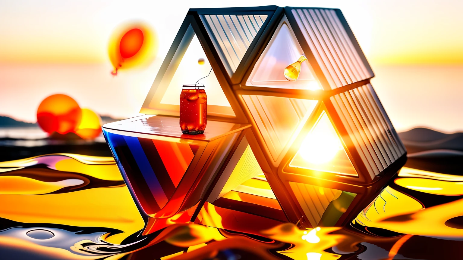A ship floating in the sky, There was a cool and delicious bottle of soda on top, Balloons fluttering around, The light bubbles go with the wind, The setting sun reflects this beautiful scene。