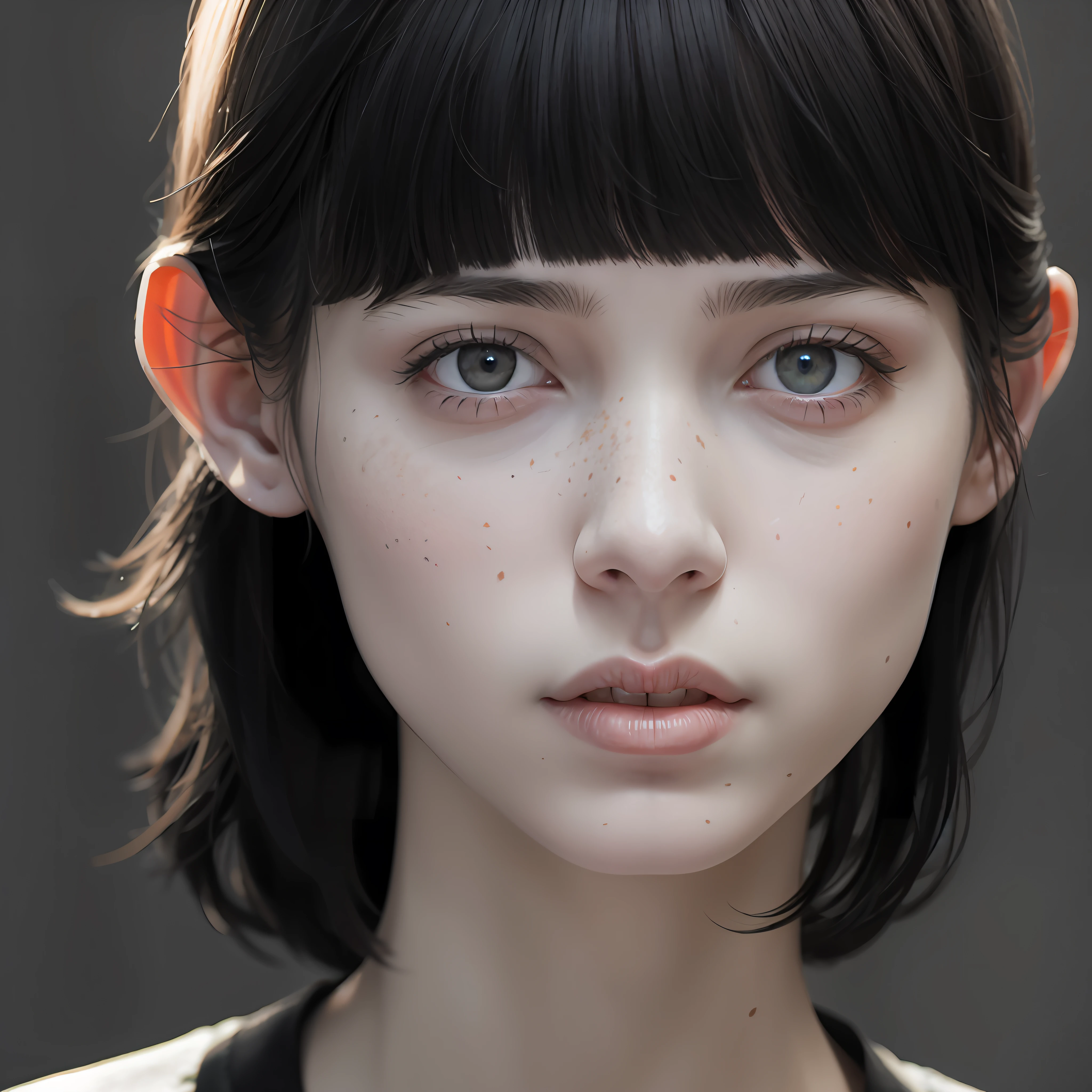 there is a woman with freckles on her face and a black shirt, 8k portrait render, foto retrato suave 8 k, retrato ultra detalhado, rosto detalhado preciso, Cinematic realistic portrait, realistic face moody lighting, aluna hiperrealista, photorealistic anime girl render, Rosto ultra realista, Personagem pequeno. Motor Unreal 5, rostos ultra realistas precisos, rosto realisticamente renderizado --auto