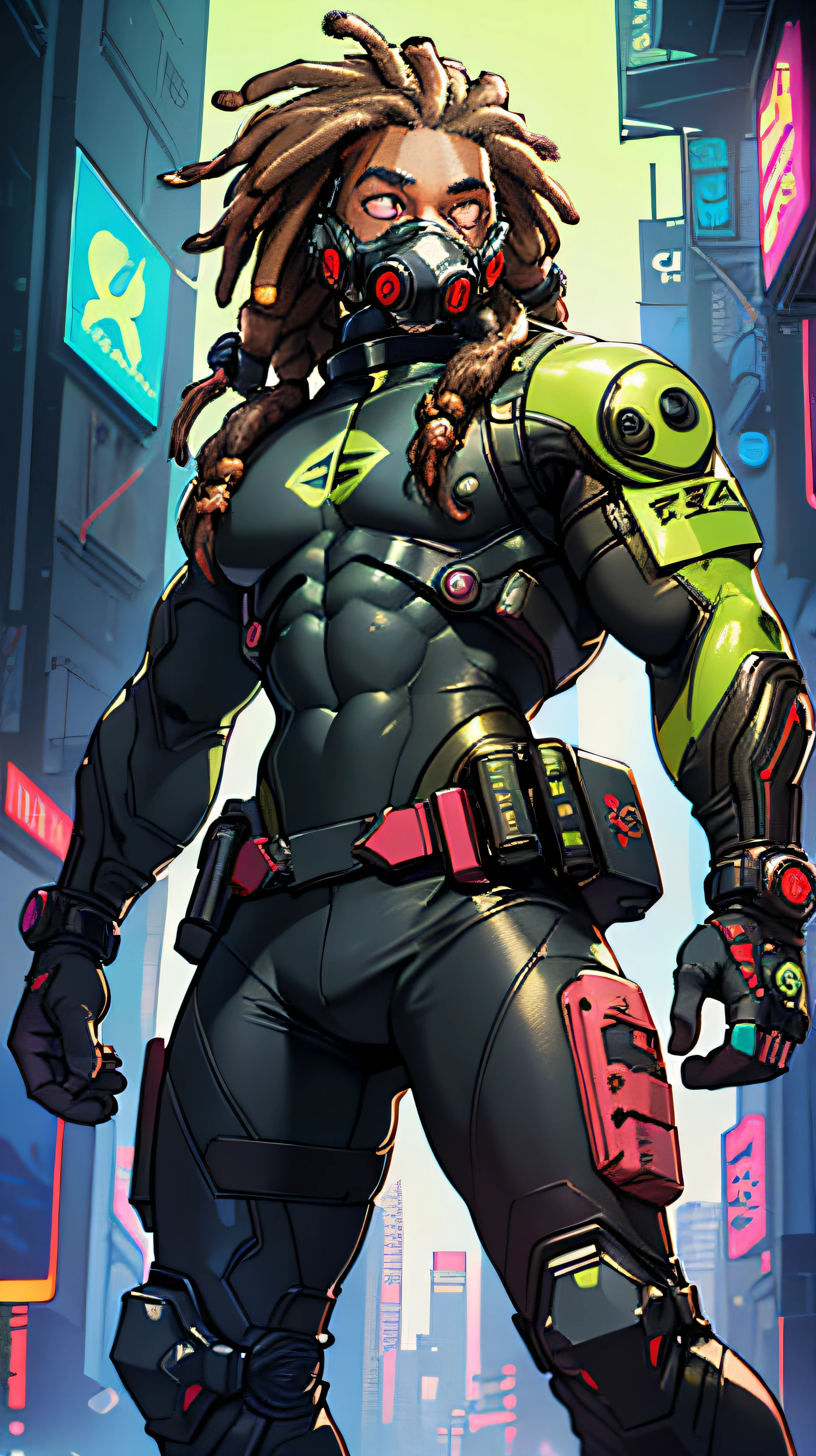 cyberpunk guy using an tecnologic armor, duas espadas nas costas, dois olhos vermelhos neon, Ultra Definition, armadura extremamente detalhada, capacete extremamente detalhado