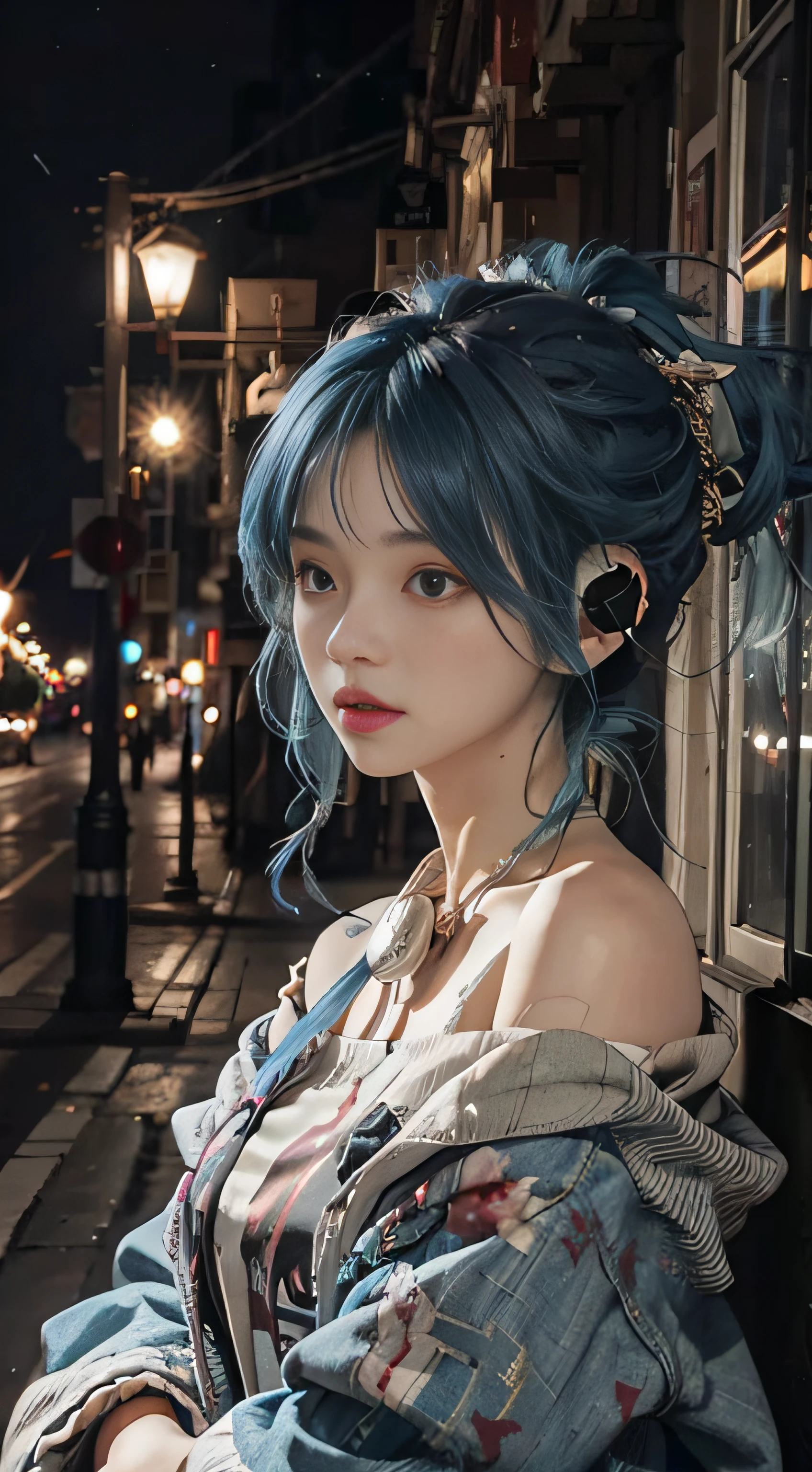 1 girl, hoodie, blue hair, extra long hair, off-the-shoulder, feather hair ornament, headphones around the neck, city, night, outdoors