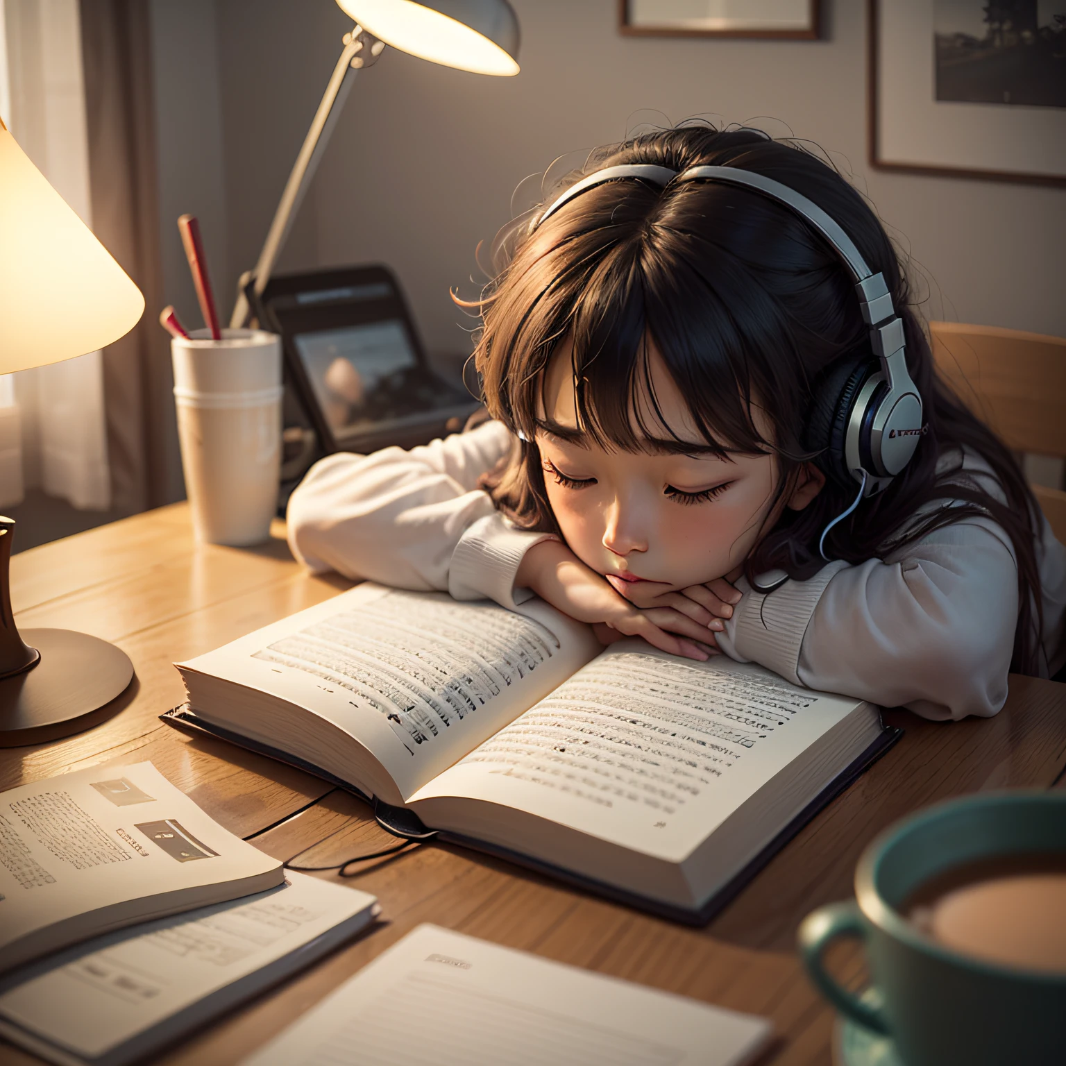((lo fi music for study: 1.3) +(japanese aesthetic: 1.1))e(auto-estudo:0.9),Minimalista, Ambiente, cores silenciadas,peaceful, Relaxed, aconchegante,calmo,ritmo lento,conducive for concentration,reconfortante, night time, livro aberto, coffee cup, desk lamp, light rain outside,estudante, headphones on head,leitura, produtivo. --auto