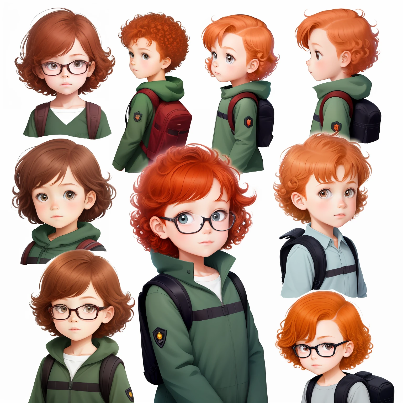 a small explorer children, with various poses and expressions, on a white background, children's book illustration, manga style, for 6 years old, a girl: redhead with short curly hair wearing glasses, no book, no backpack, no weapons, no knives, without military equipment
