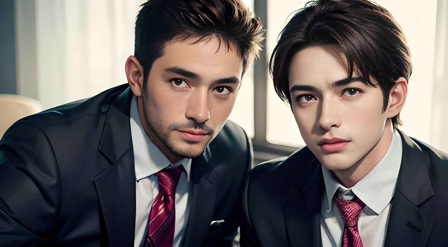 (They are male gay couple ), (head shot), (face only), (two gay handsome muscular businessmen in their 30s)、They are wearing gray business suit and pink tie in the office, short dark pink hair, They resemble Chris Redfield from Resident Evil, mischievous smile, (small details: 1 in 1), natural muscles, hig quality, beautifull eyes, (Detailed face and eyes), (Face、: 1 / 2), noise, real pictures、... ..............PSD, Sharp focus, High resolution 8K, Realstic & Professional Photography, 8k UHD, Soft lighting, High quality, Film Grain, Fujifilm XT3