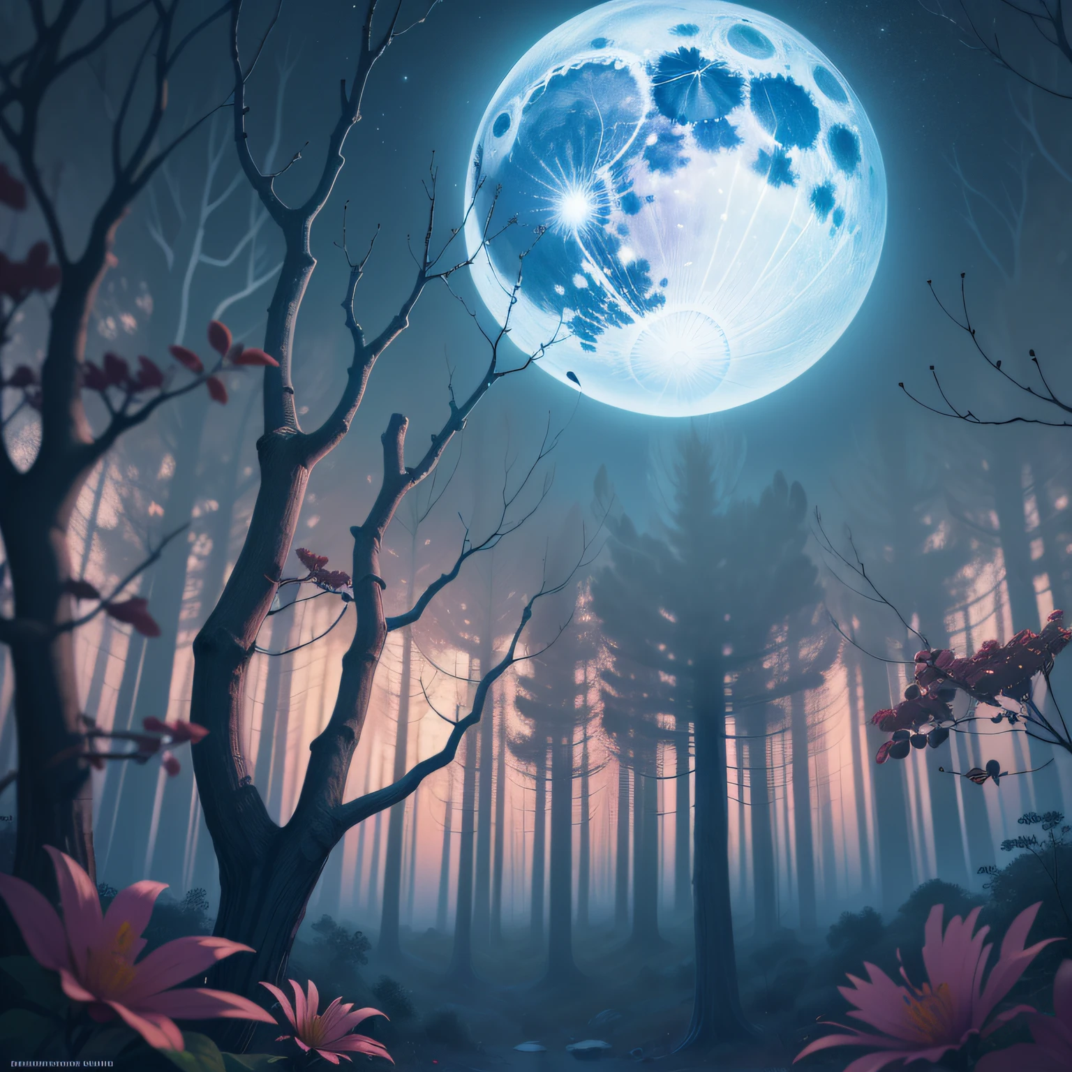 Blue moonlight,Hazy valley,The leaves of the trees sway,Flowers are blooming beautifully